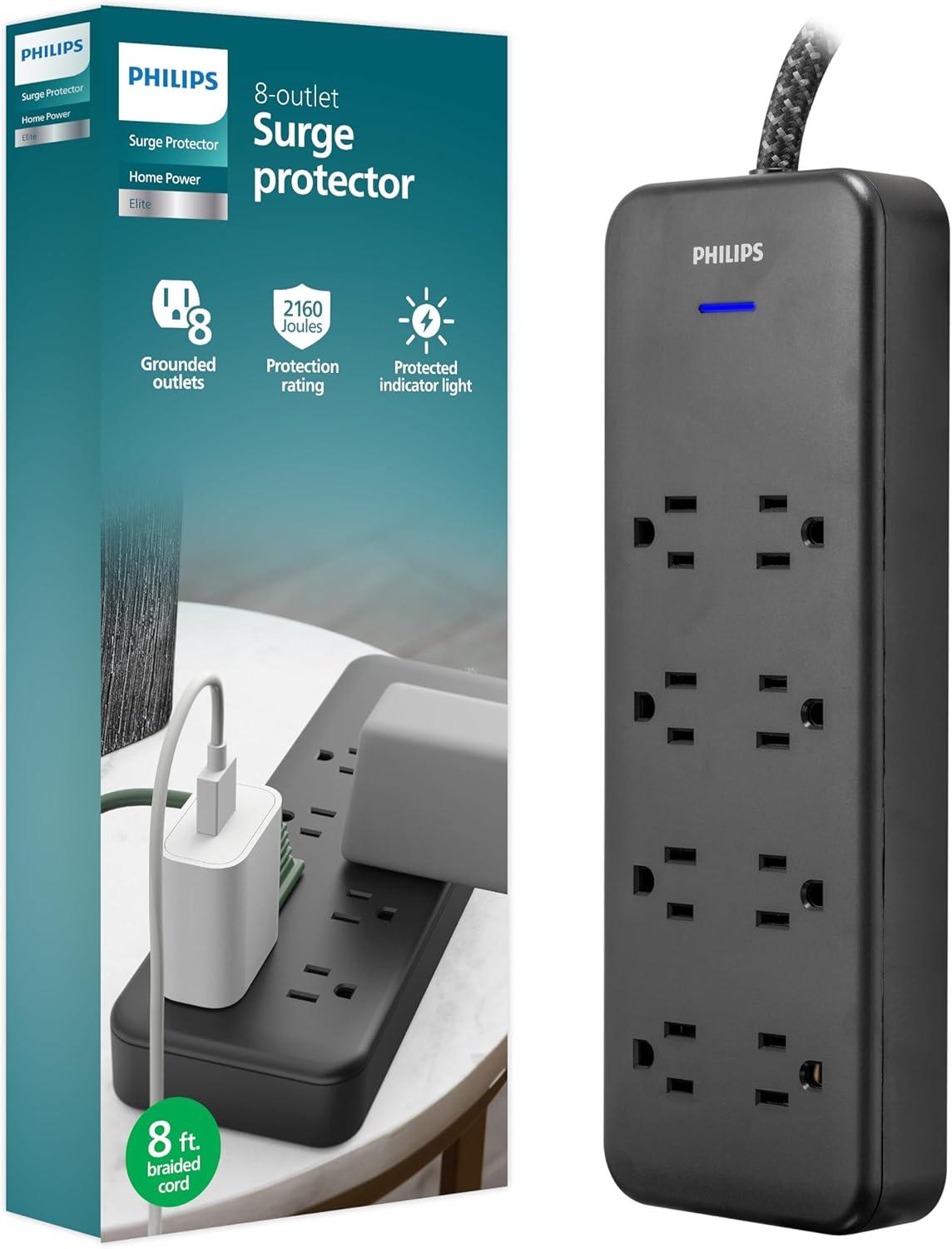 Philips 8-Outlet Black Surge Protector with 8ft Braided Cord