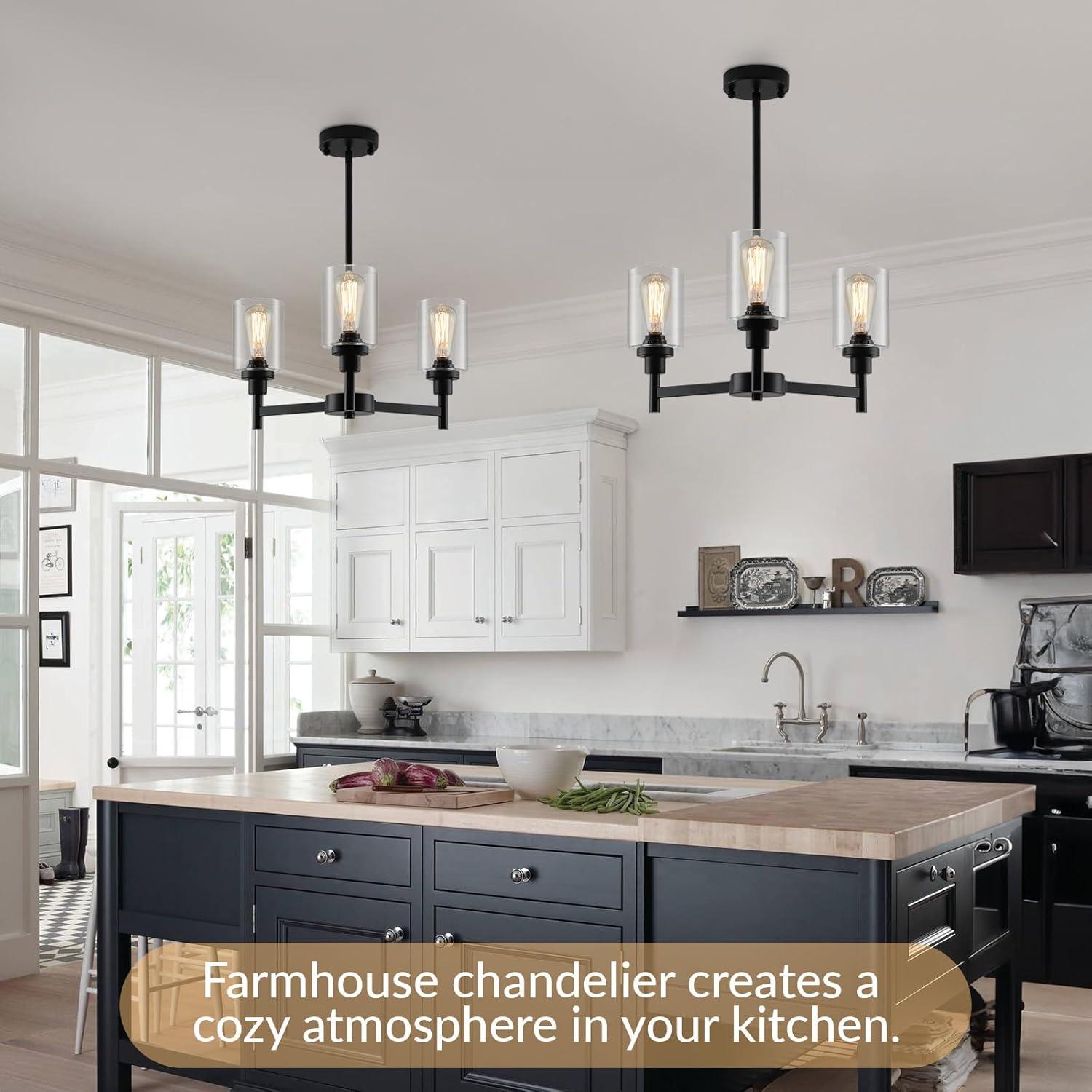 Black Chandelier for Dinning Room Living Room Island Kitchen Chandelier Light Fixtures Over Table, 3 Light Farmhouse Chandelier with Cylinder Clear Glass, Height Adjustable