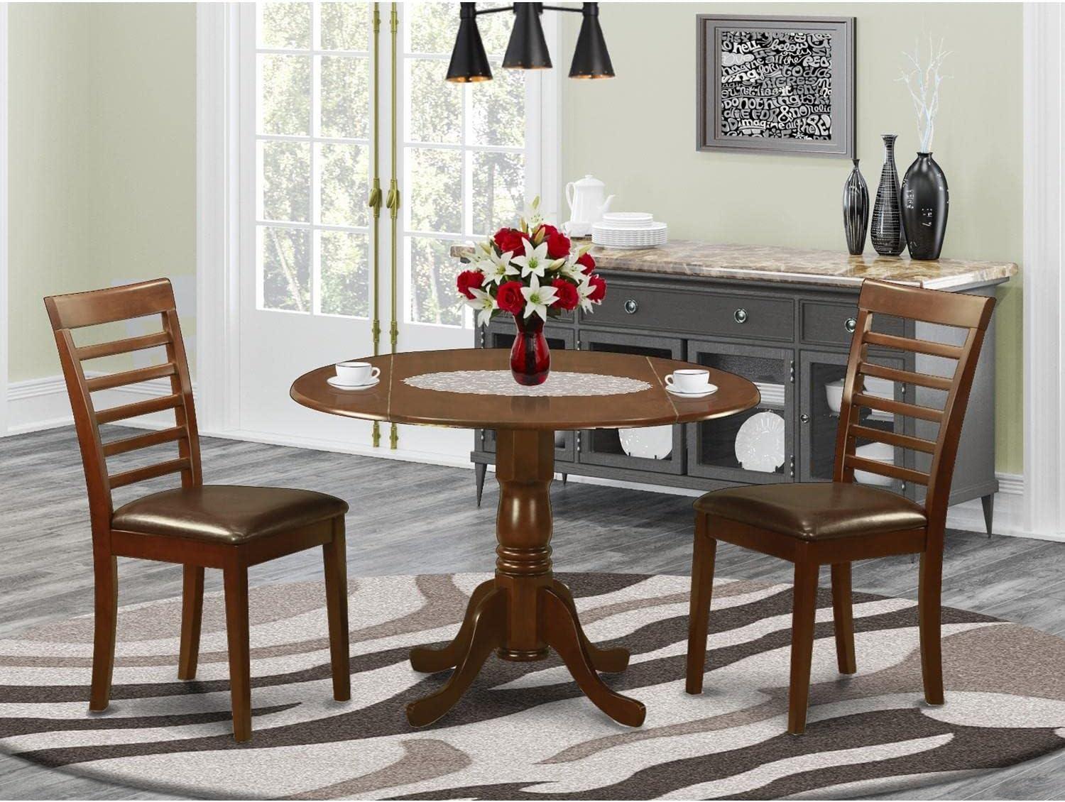 Mahogany Round Drop Leaf Dining Table with Faux Leather Chairs