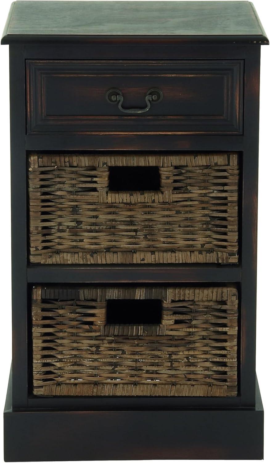 Dark Brown Wood Side Chest with Jute Baskets and Drawer