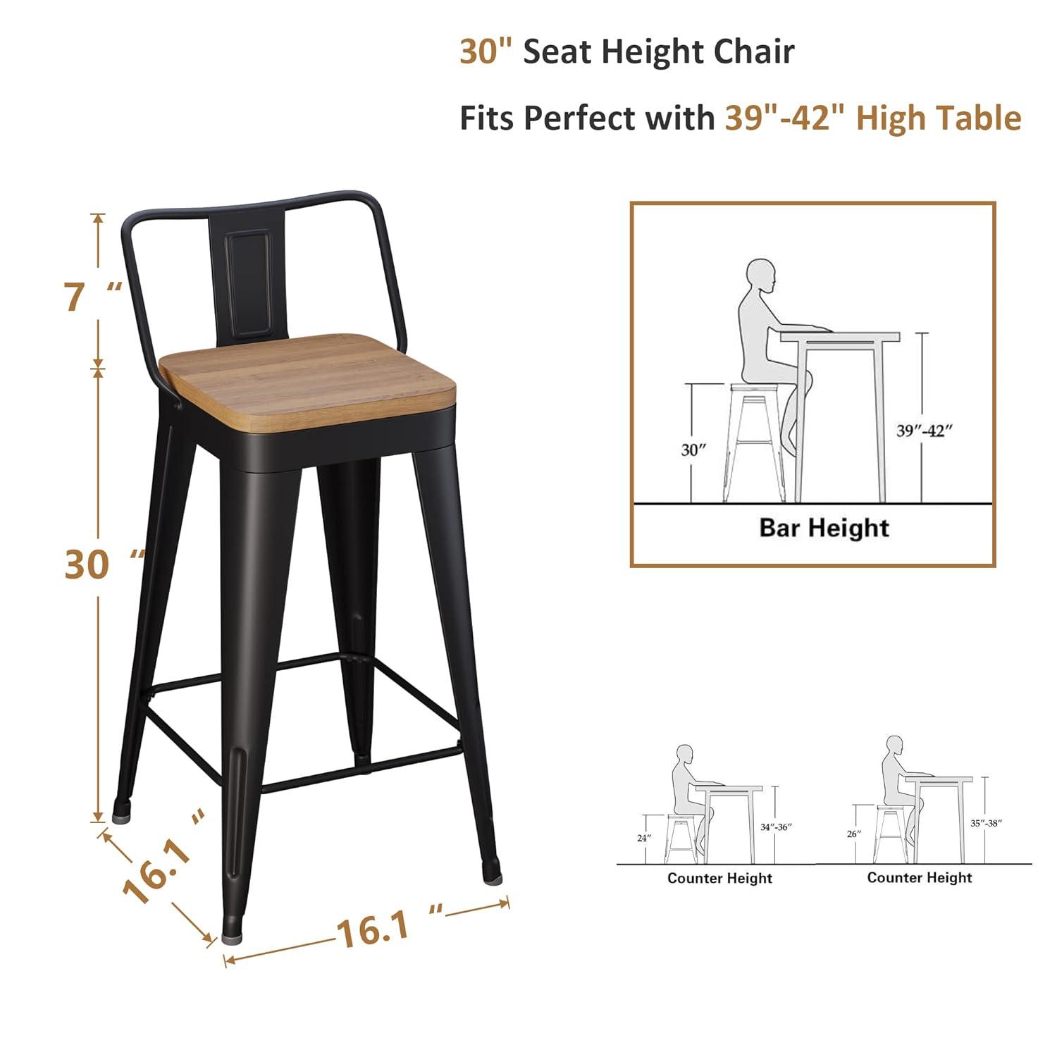 Stools Set of 4 Counter Height  Stools Metal Barstools with Removable Back 30" Kitchen  Stools with Wooden Seat