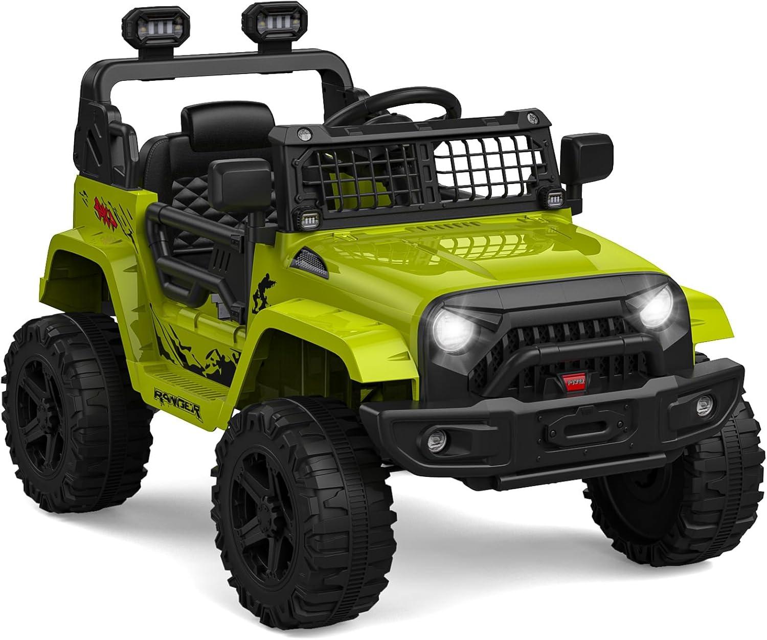 Ride on Truck Car 12V Kids Electric Vehicles with Remote Control Spring Suspension, LED Lights, Bluetooth, 2 Speeds