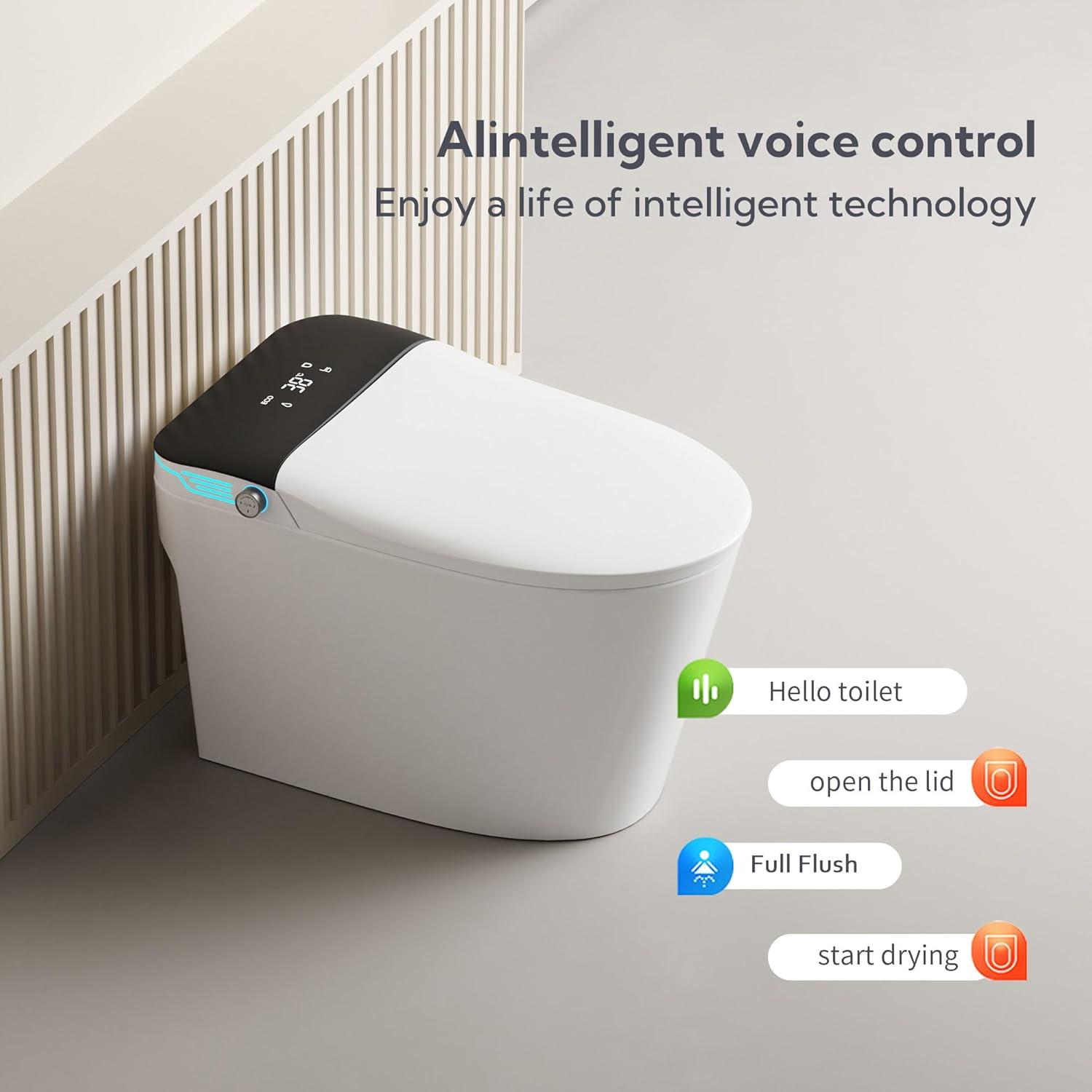 Luxury Smart Toilet with Bidet Built In Bidet Toilet Heated Seat, Foot Sensor,Warm water and Air Dryer,Voice Control, 1.28 GPF Powerful Auto Flush, Instant Hot Water and Ambient Lighting-White