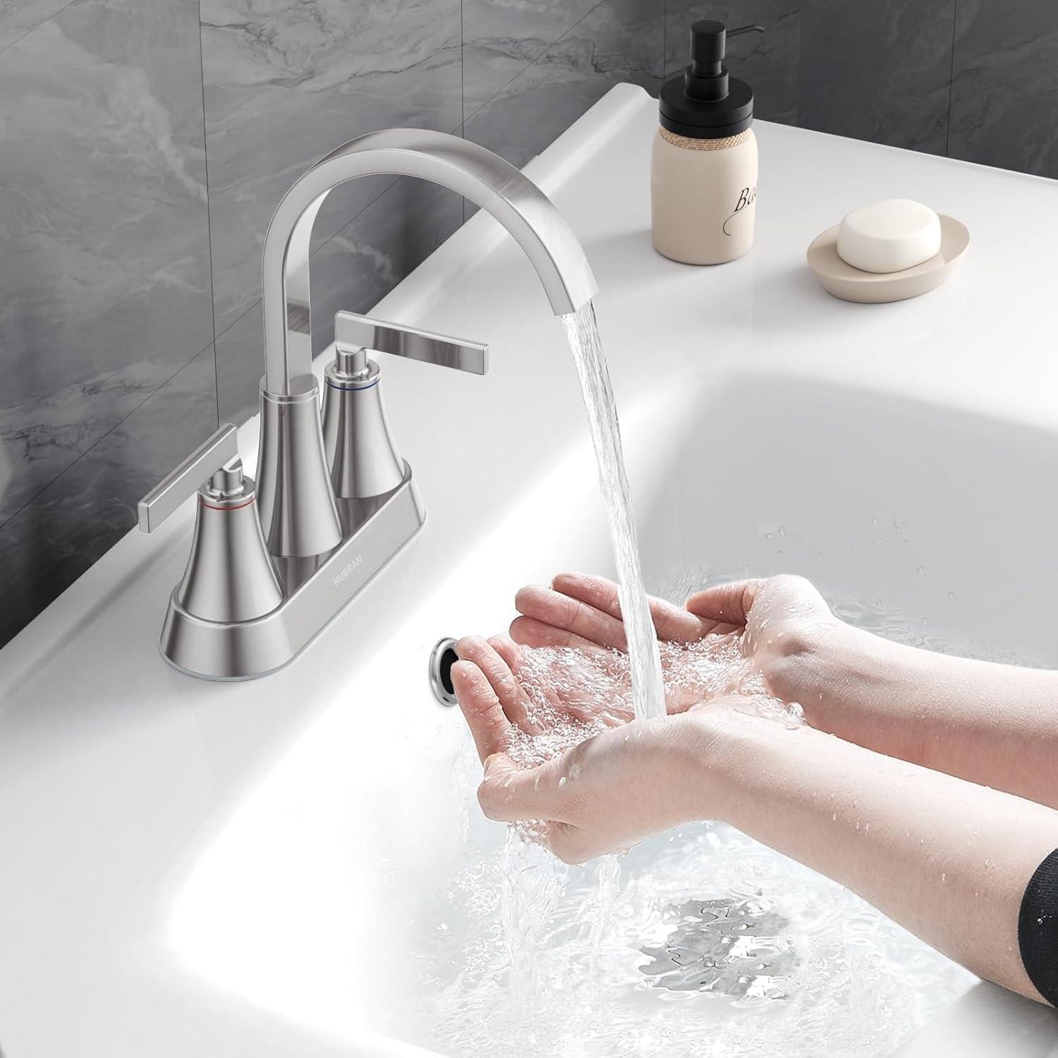 Bathroom Sink Faucet, Hurran 4 inch Brushed Gold Bathroom Faucets for Sink 3 Hole with Pop-up Drain and Supply Hoses, 360 Swivel Spout 2-Handle Centerset Faucet for Vanity RV Farmhouse