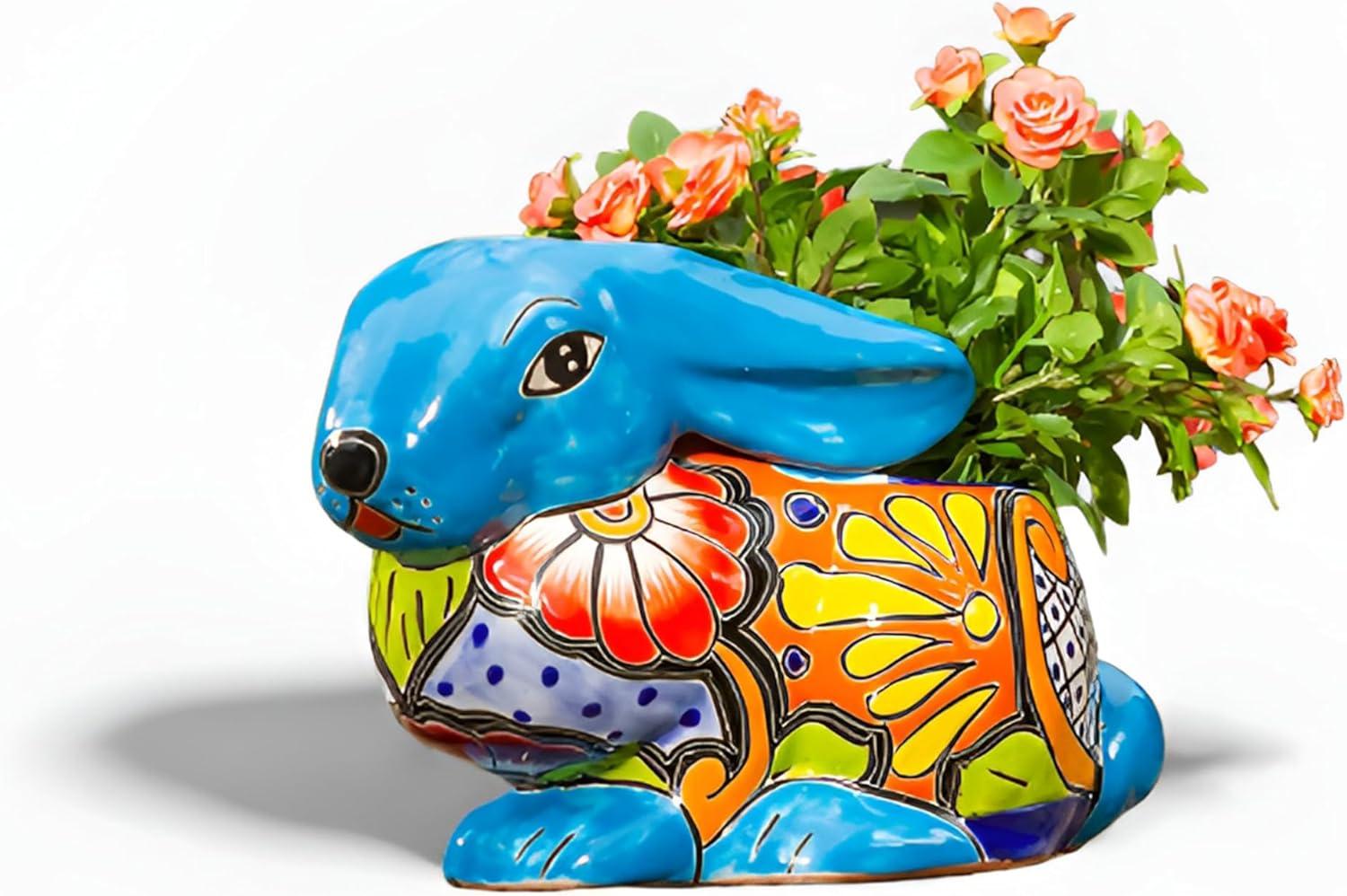 Evergreen Garden Talavera Mexican Pottery Ceramic Talavera Animal Shape Planter | Flower Pot Plant Succulent | Indoor Outdoor (Bunny)