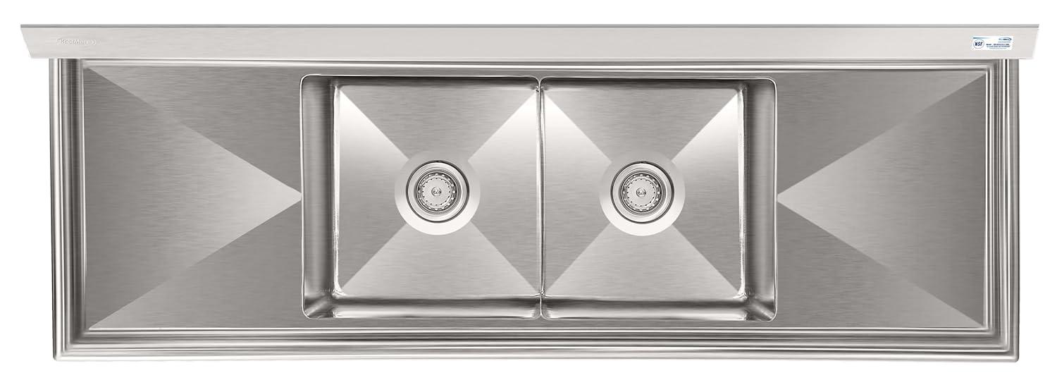 72 in. 16-Gauge Commercial Sink with Backsplash and Dual 18 in. Drainboards, Bowl Dimensions 18"x18"x14" in Stainless-Steel (KM-SB181814-18B316)
