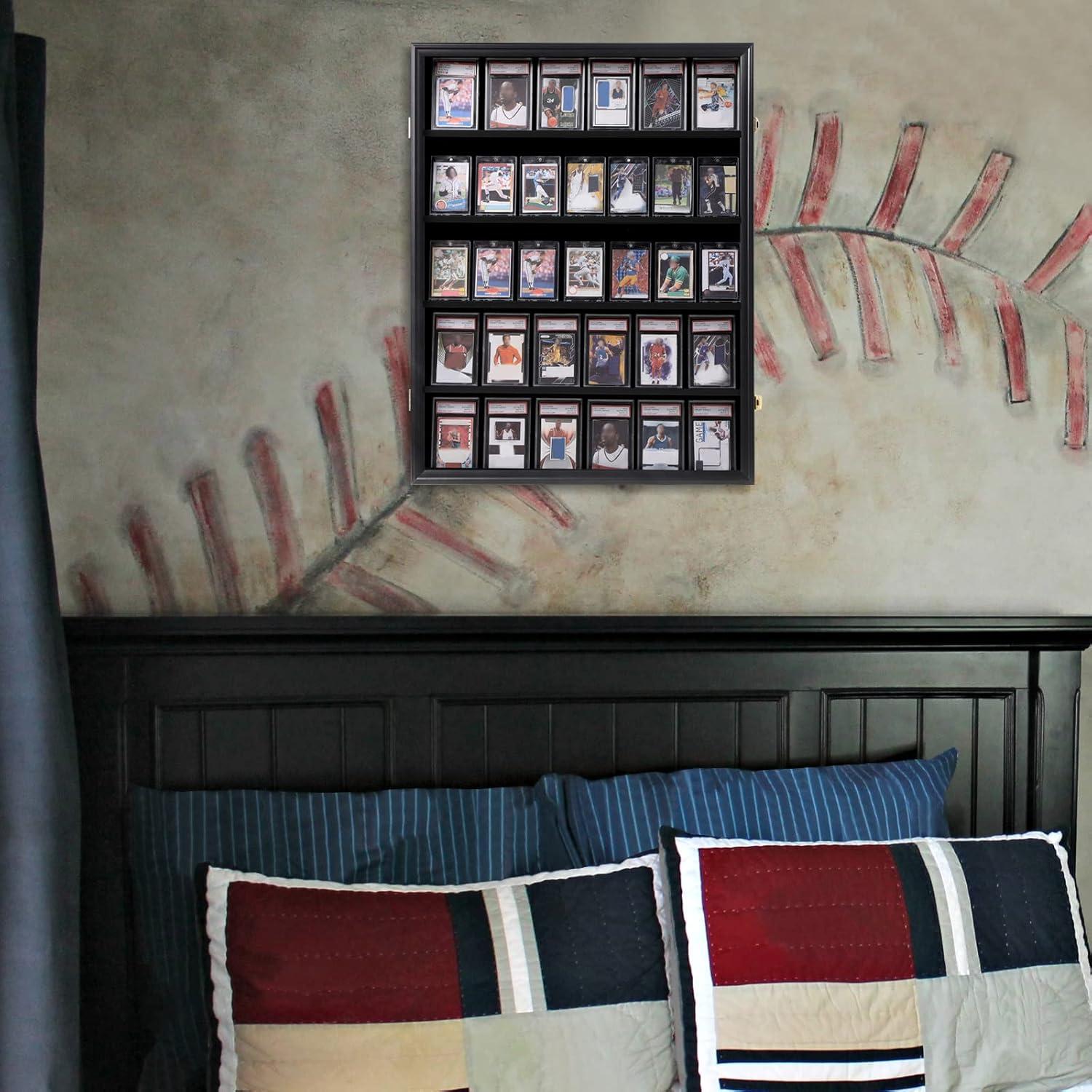 Estuche para Exhibición de Tarjetas Deportivas de 35 Grados: Marco de Exhibición de Tarjetas de Béisbol con Protección UV Gabinete de Pared con Cerradura Transparente para Tarjetas Coleccionables de Baloncesto Negro Vertical