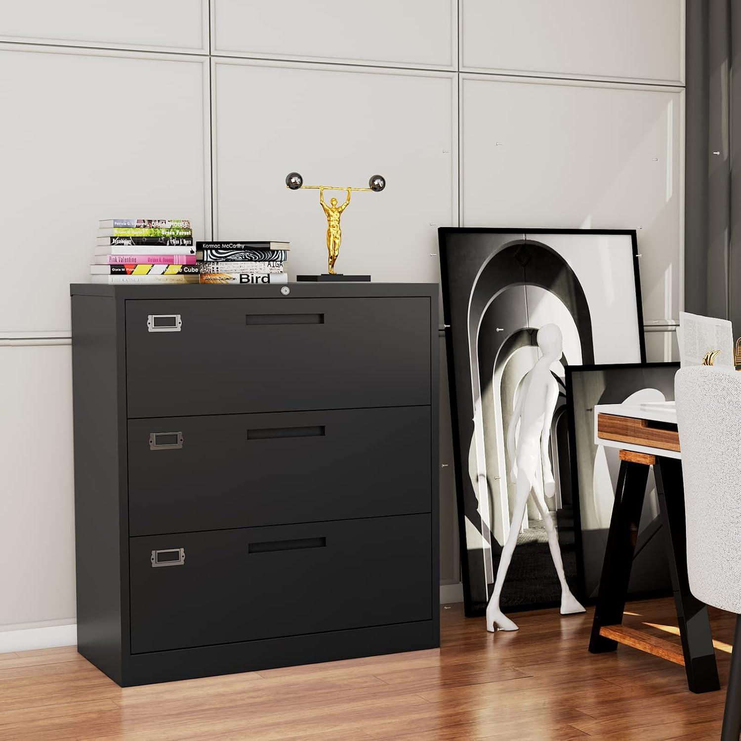 MIIIKO Lateral File Cabinet with Lock, 3 Drawer Lateral Filing Cabinet, Large Deep Drawers Locked by Keys, Metal Storage File Cabinet for Hanging Files Letter/Legal/F4/A4 Size