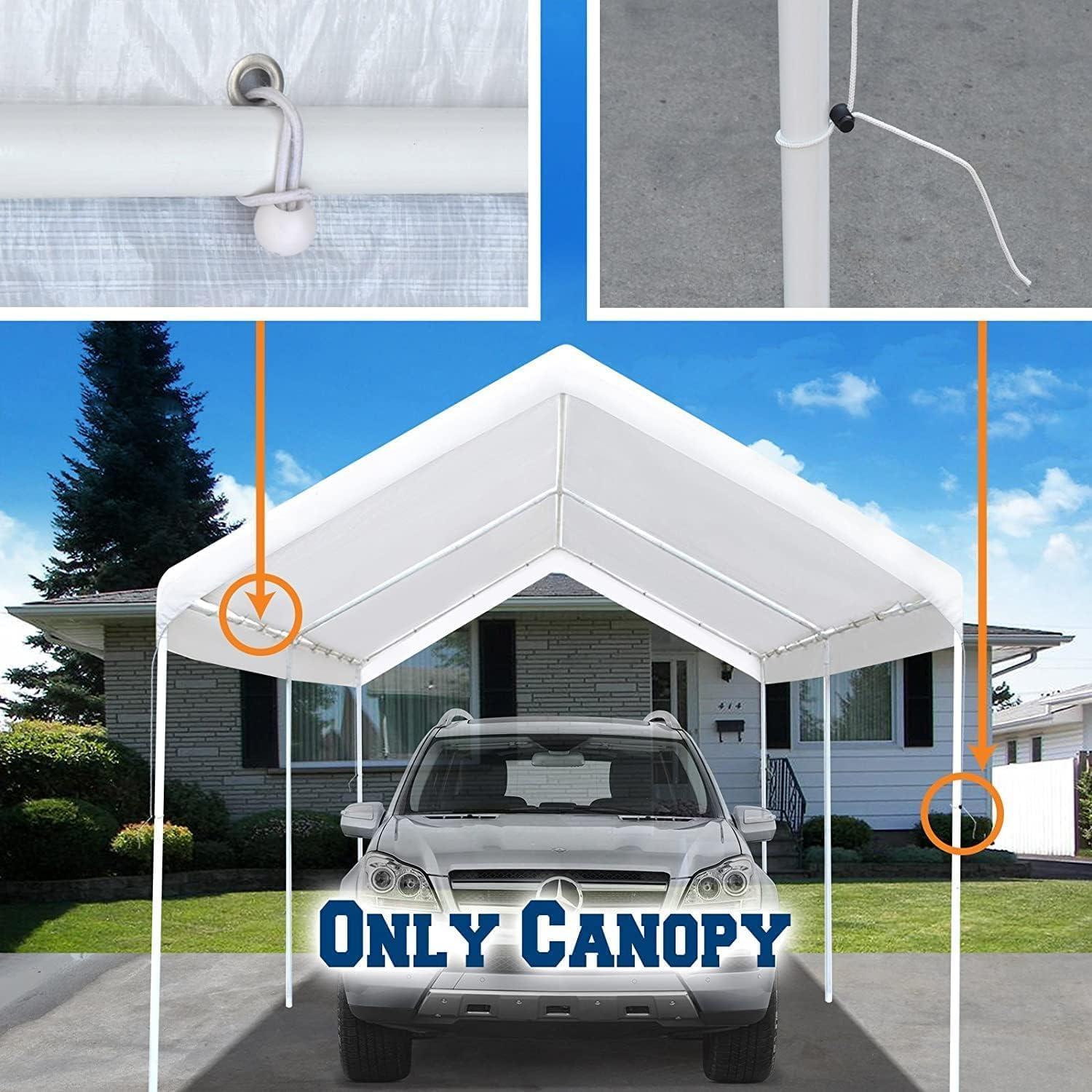 White 10'x20' PE Carport Replacement Canopy Cover with Bungees