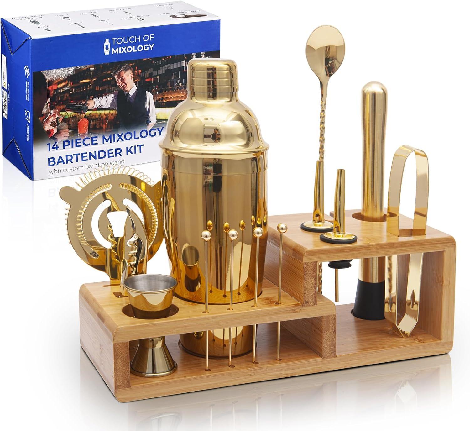 Touch of Mixology Premium 14 Piece Stainless Steel Bartender Kit with Bamboo Stand (Dark Metallic)