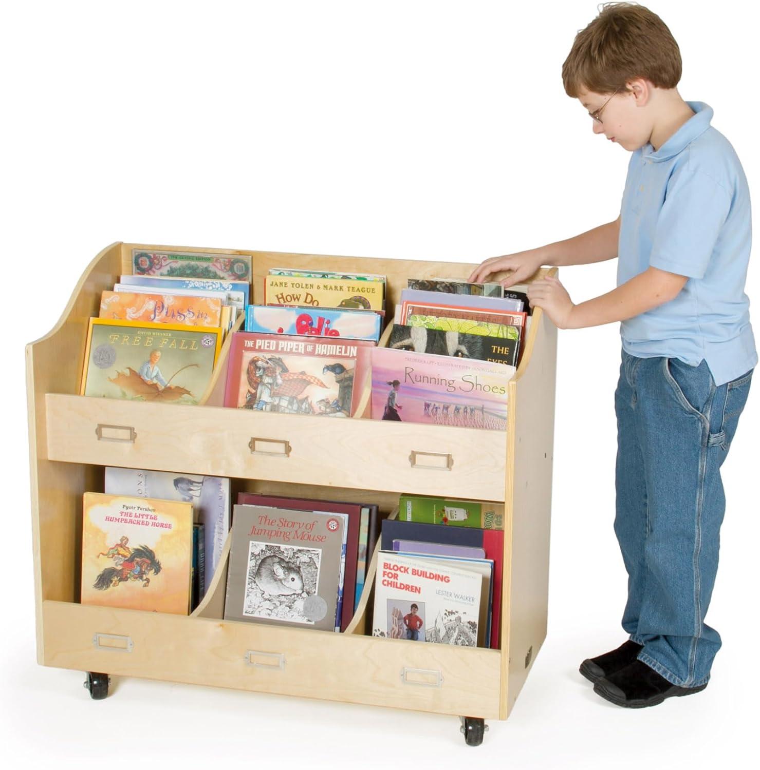 Guidecraft Mobile Book Organizer - Natural: Kids Mobile Book Cart and Mobile Classroom Storage