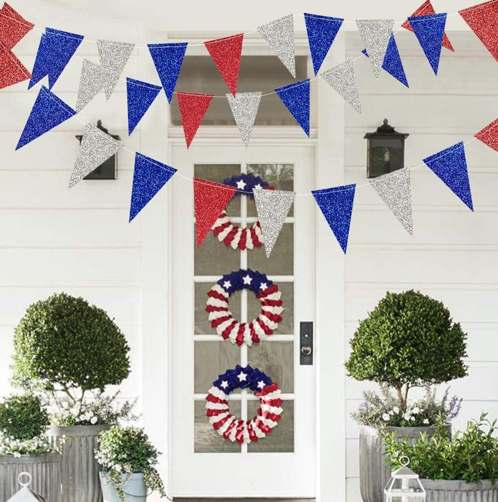 Red Blue Silver/White National Day Patriotic Triangle Flag Banner Fourth/4th of July USA American Independence Day Celebration Party Garland Hanging Decoration for Birthday/Baby Shower