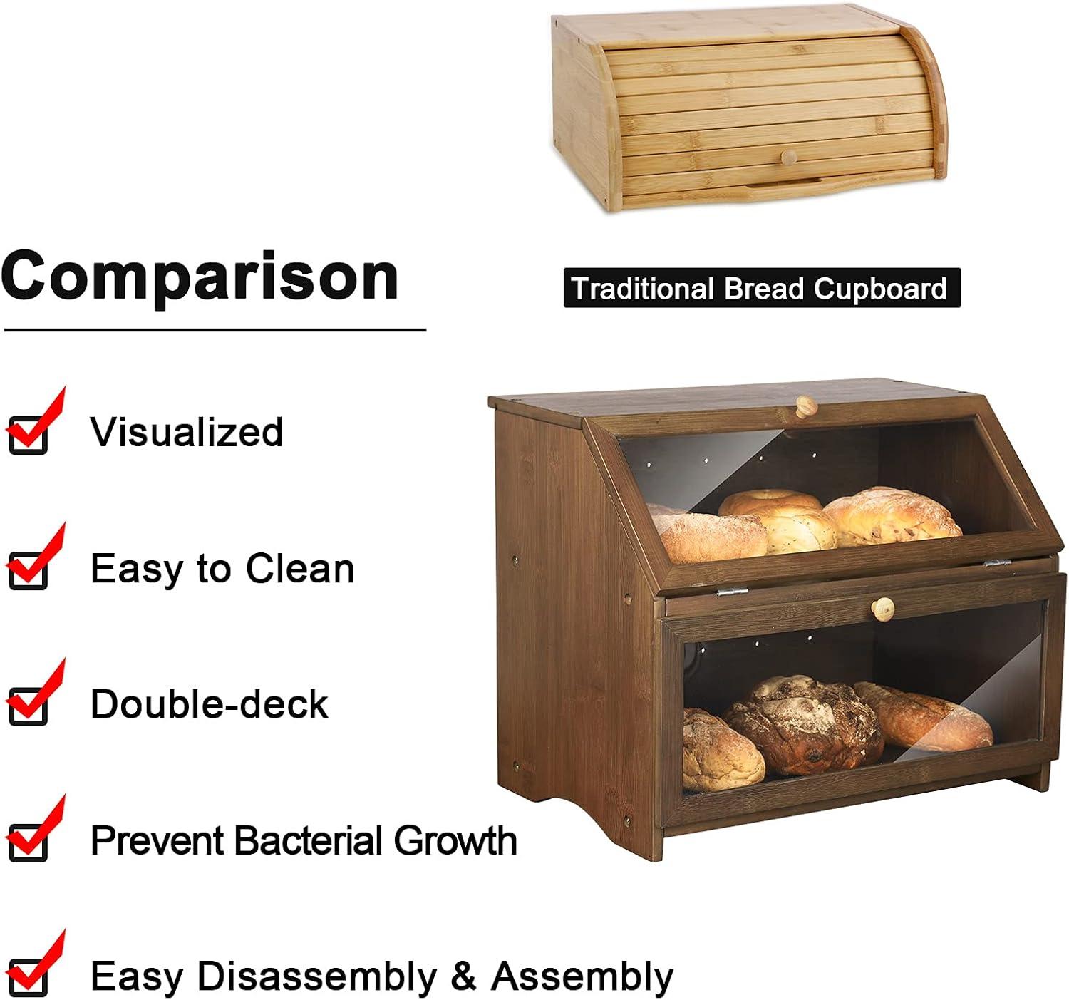 HOMEKOKO Double Layer Large Bread Box for Kitchen Counter, Wooden Large Capacity Bread Storage Bin (Brown)