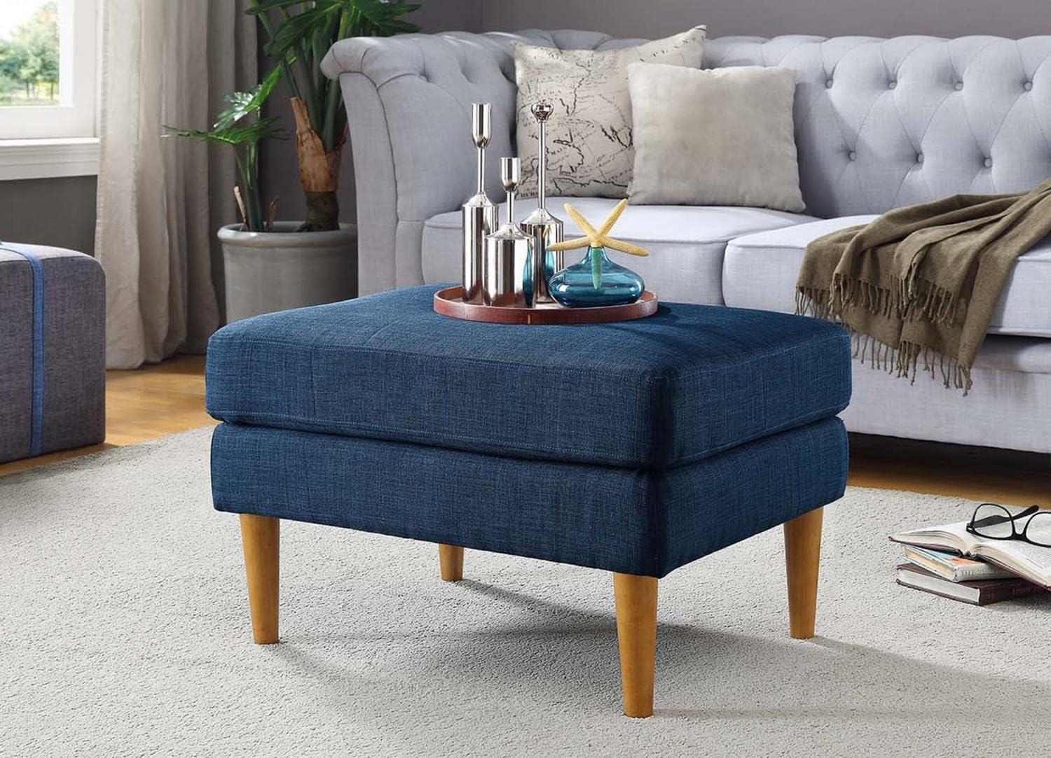 Marlow 27" Round Dark Blue Linen Mid-Century Ottoman