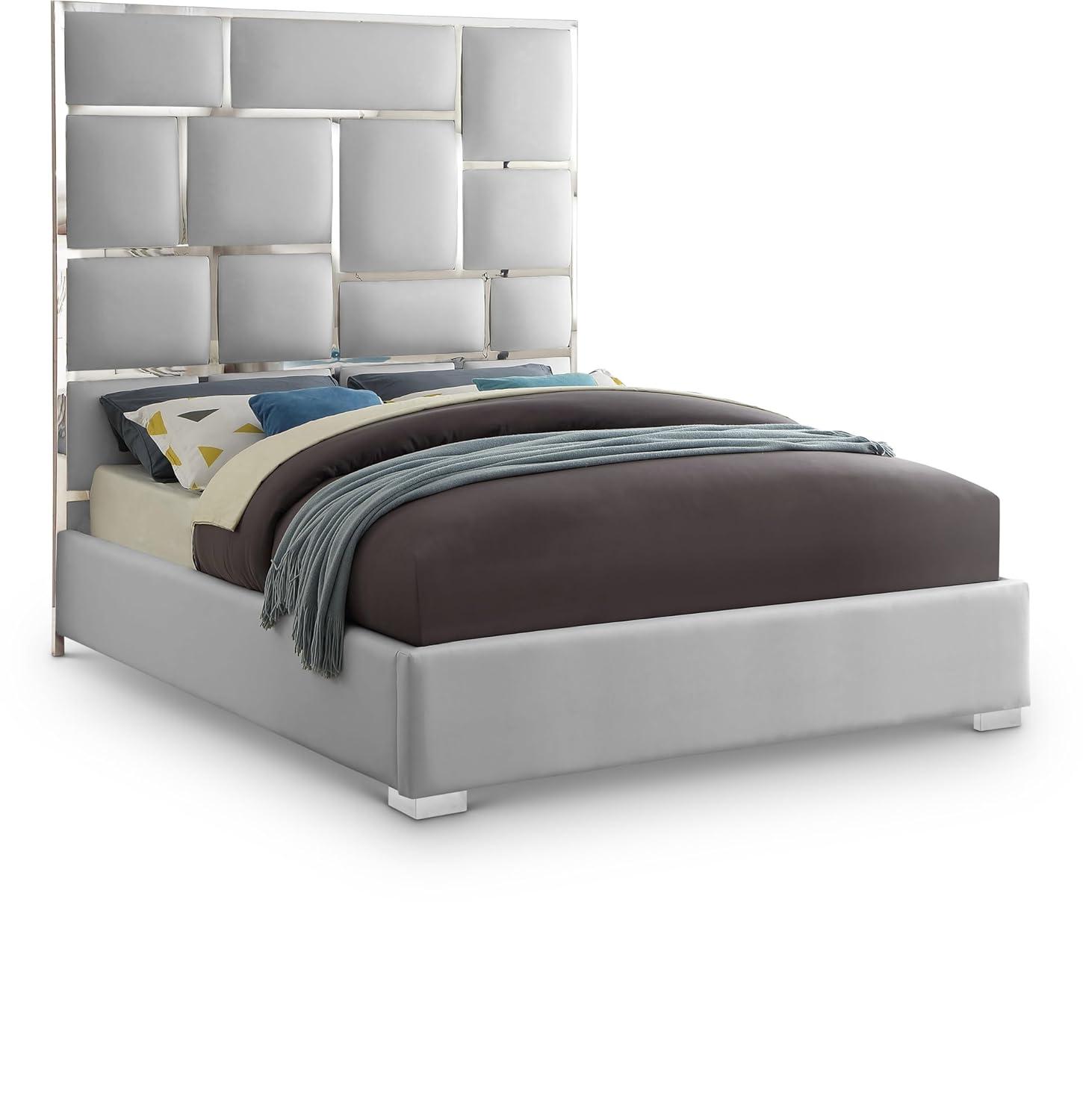 Meridian Furniture Milan Solid Wood and Faux Leather Queen Bed in White