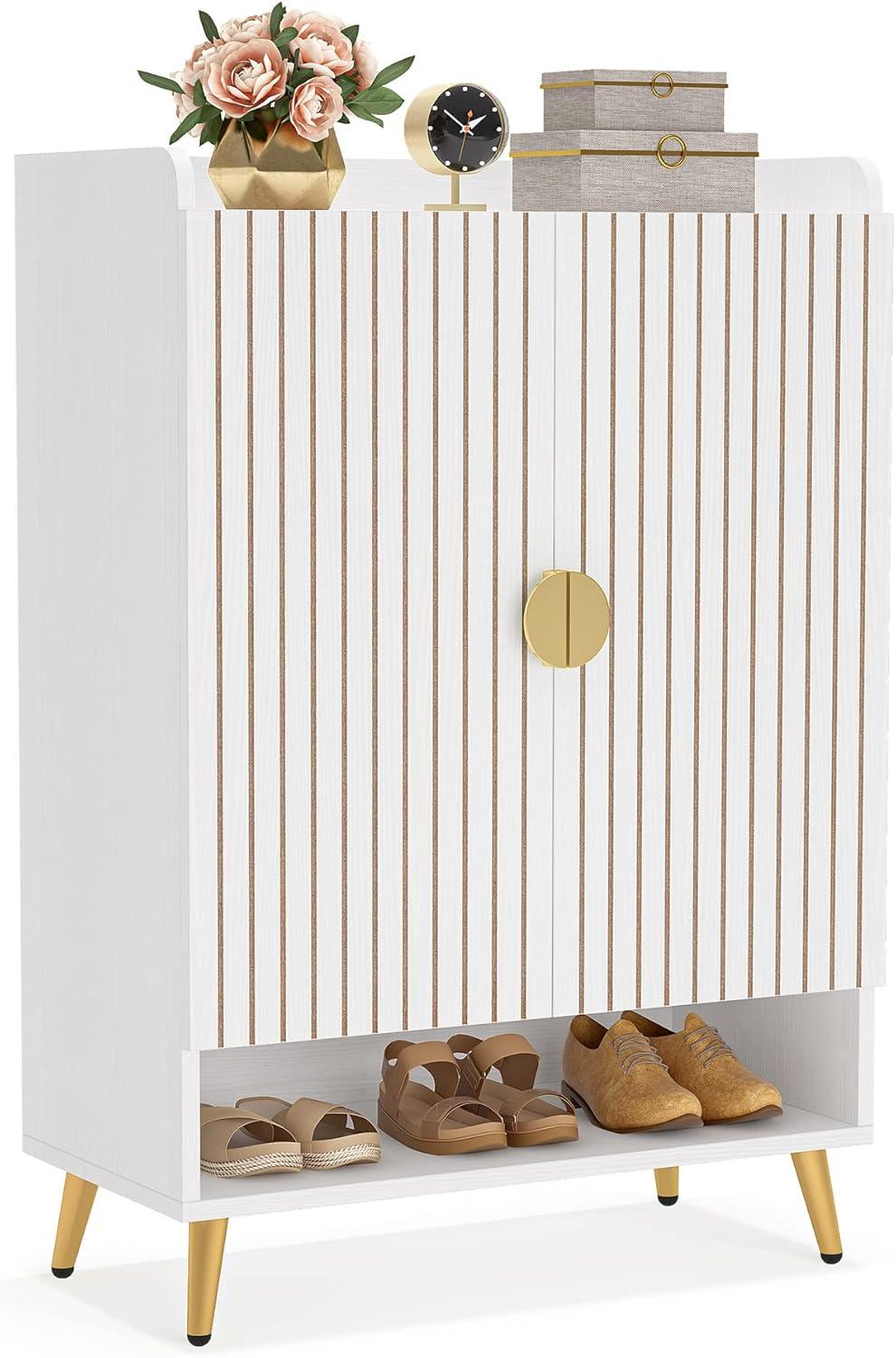 Shoe Cabinet with Doors, 6-Tier Shoe Storage Cabinet with Adjustable Shelves, Wooden Shoes Rack Shoe Storage Organizer for Entryway, Hallway, Closet, Living Room, White & Gold