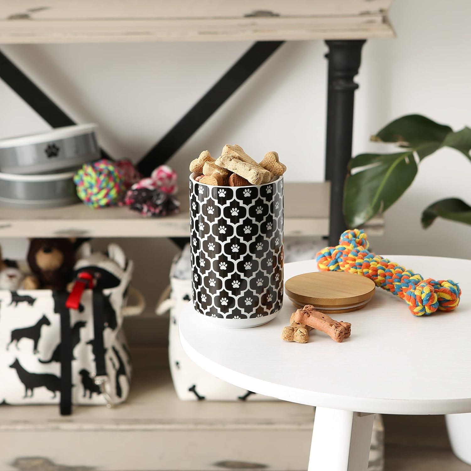 Black and White Ceramic Pet Treat Canister with Bamboo Lid