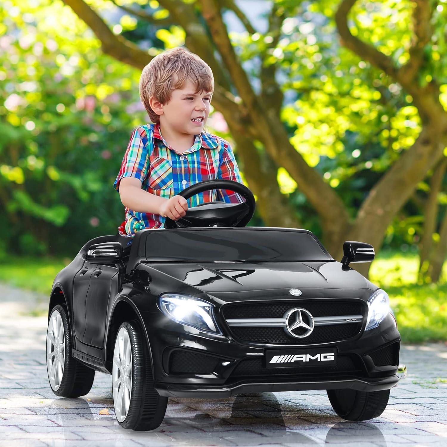 OLAKIDS 12V Electric Kids Ride On Car, Licensed Mercedes Benz GLA45 Toy Car with Remote Control, MP3 Plug, USB, 2 Speeds, LED Lights, Battery Powered Toy Vehicle for Toddler Children (Black)