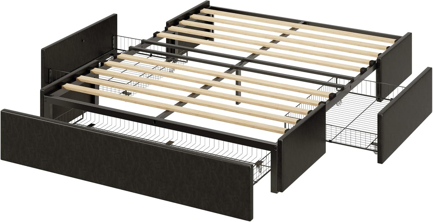 Modern Black Faux Leather Queen Bed Frame with Storage Drawers