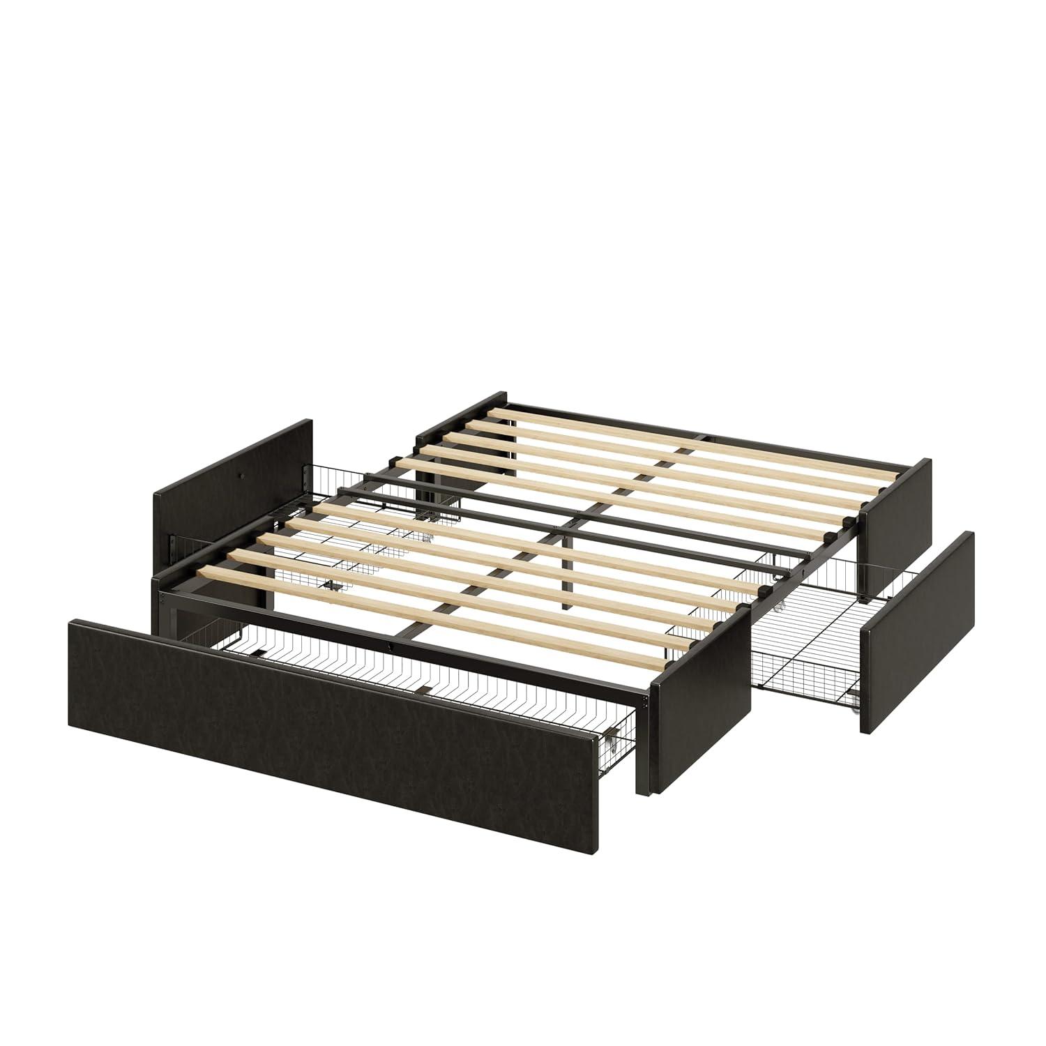 Allewie Queen Size Platform Bed Frame with 3 Storage Drawers, Faux Leather Upholstered, Wooden Slats Support, No Box Spring Needed, Easy Assembly, Black