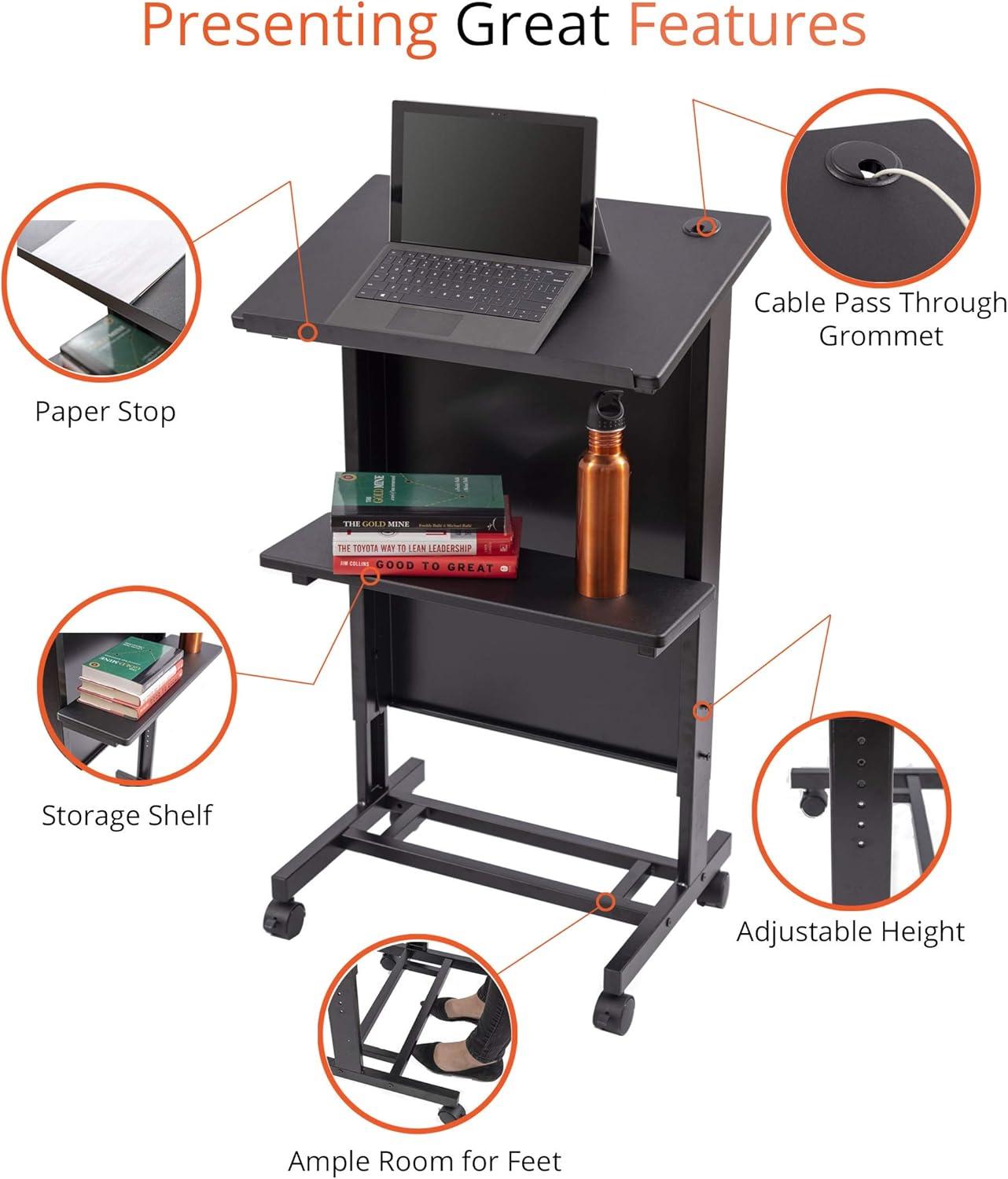 Stand Up Desk Store Mobile Adjustable Height Rolling Lectern Podium with Heavy Duty Steel Frame