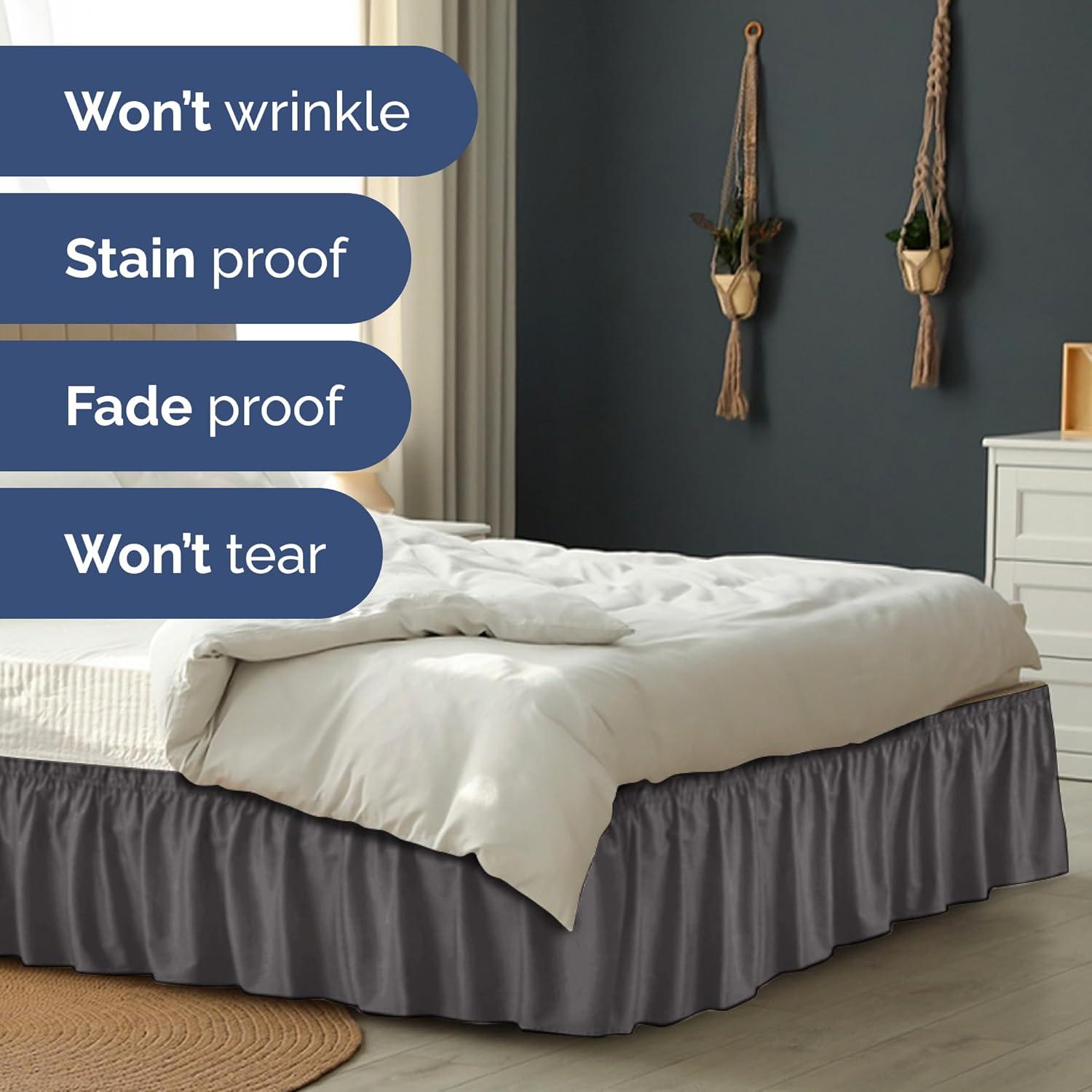 CGK Linens Elastic Wrap-Around Dust Ruffled Bed Skirt - Easy Fit with Pleated 15" Drop in Dark Grey, Size Twin