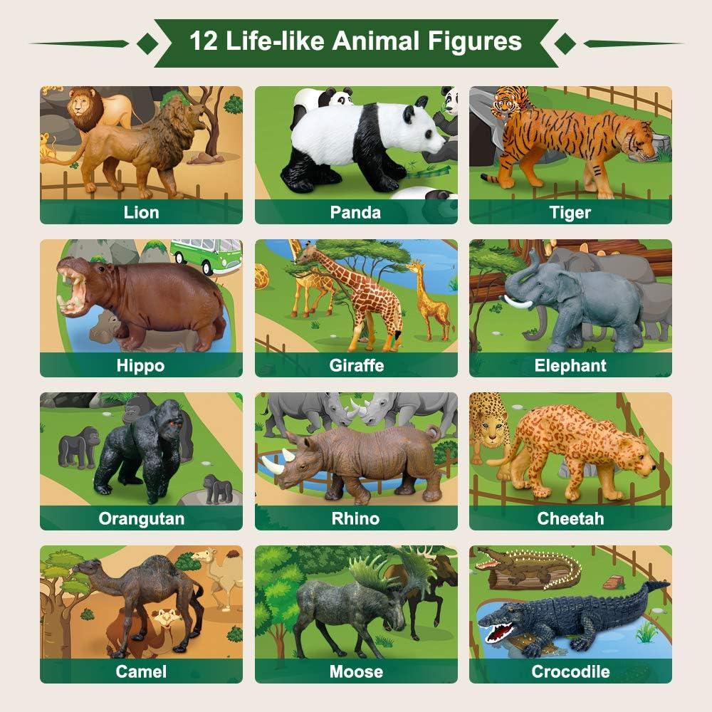 Mini Tudou 12 Pcs Safari Animals Figures Toys w/ 57x38.6'' Large Activity Play Mat, Realistic Jumbo Jungle Wild Toy Zoo Animal Figurines Playset w/ Elephant, Giraffe, Lion for Kids Toddlers Boys Girls