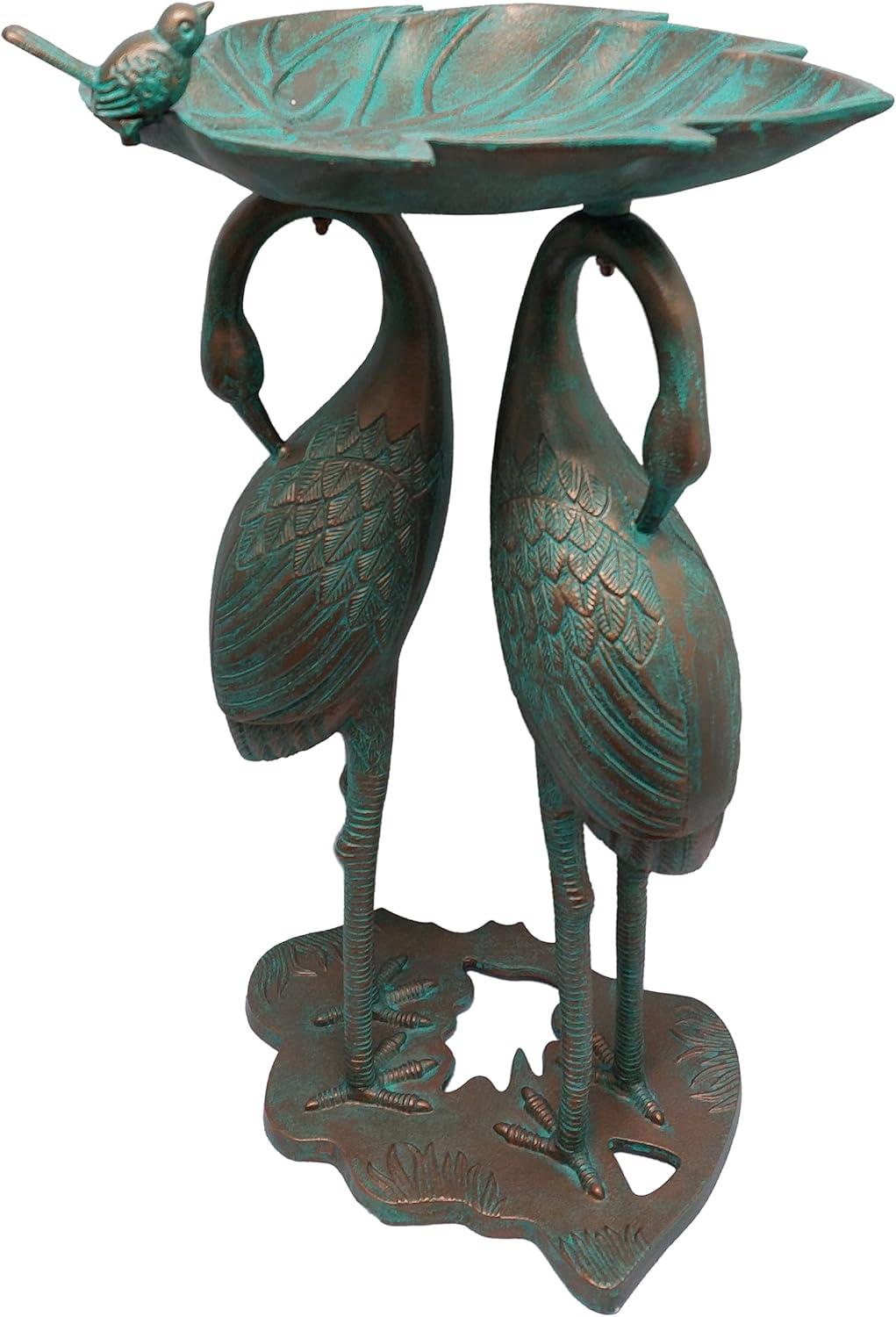 Copper Patina Cast Aluminum Twin Crane Bird Bath with Leaf Bowl