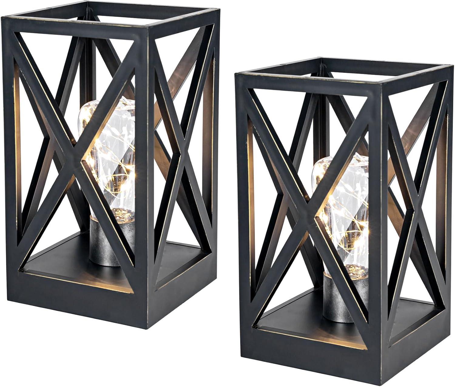 WINGBO 2 Pack Retro Battery Powered Table Lamps, Battery Operated Cordless Lamp Set, Portable Nightlight Decorative Light for Living Room Dining Room Bedroom Entryway Patio, Black & Gold Finish