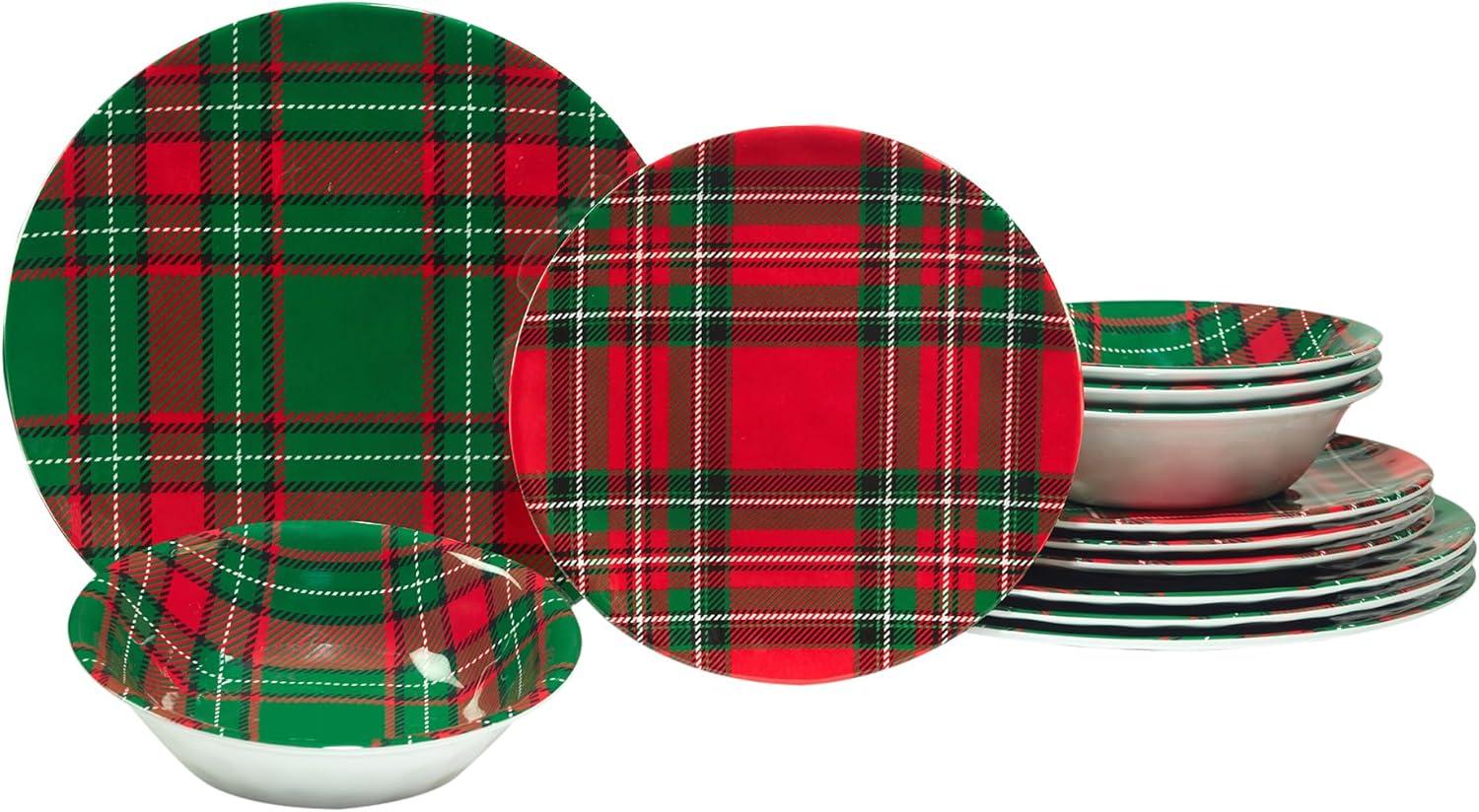 Christmas Plaid 12-Piece Melamine Dinnerware Set, Service for 4