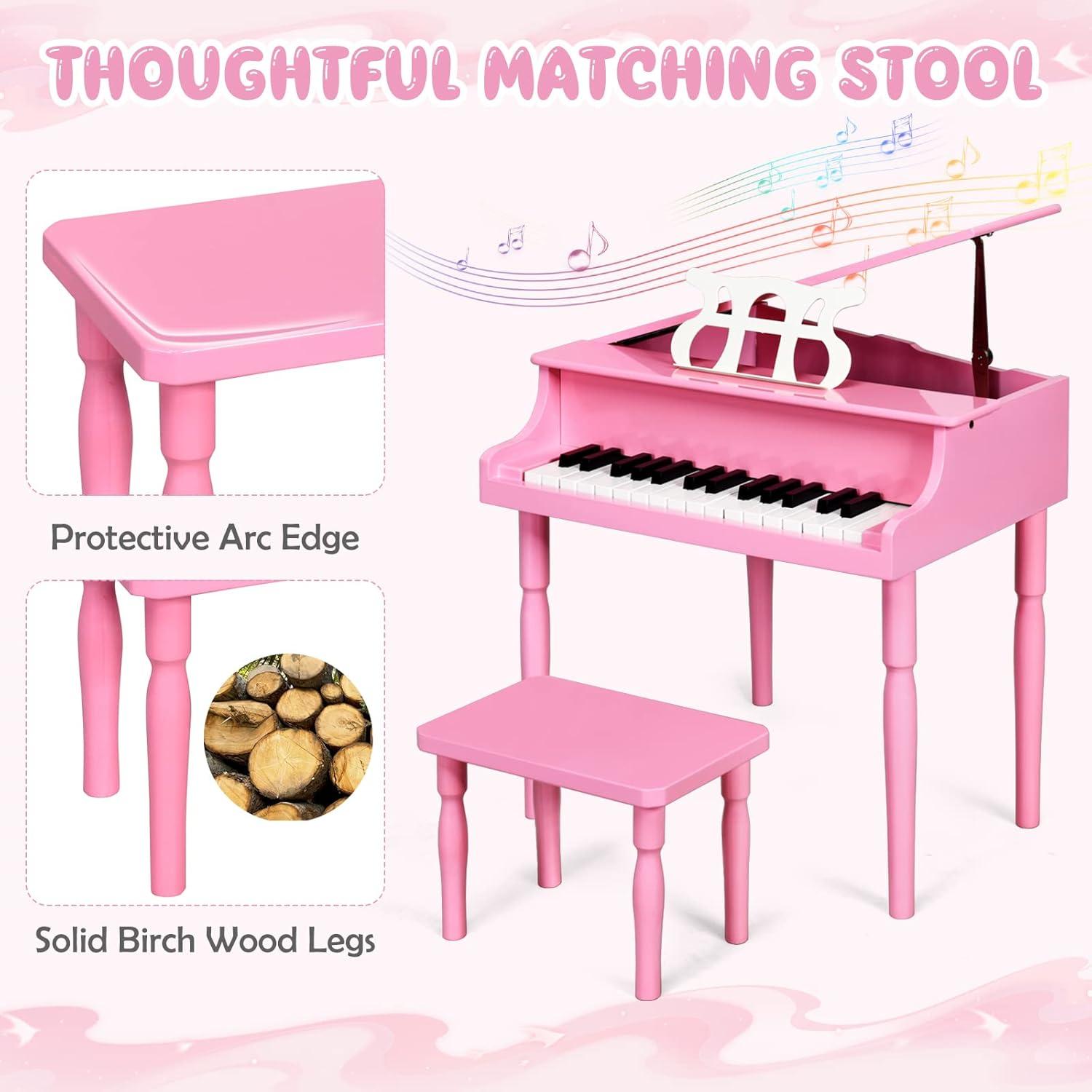 Costway 30-Key Classic Baby Grand Piano Toddler Toy Wood w/ Bench & Music Rack Pink