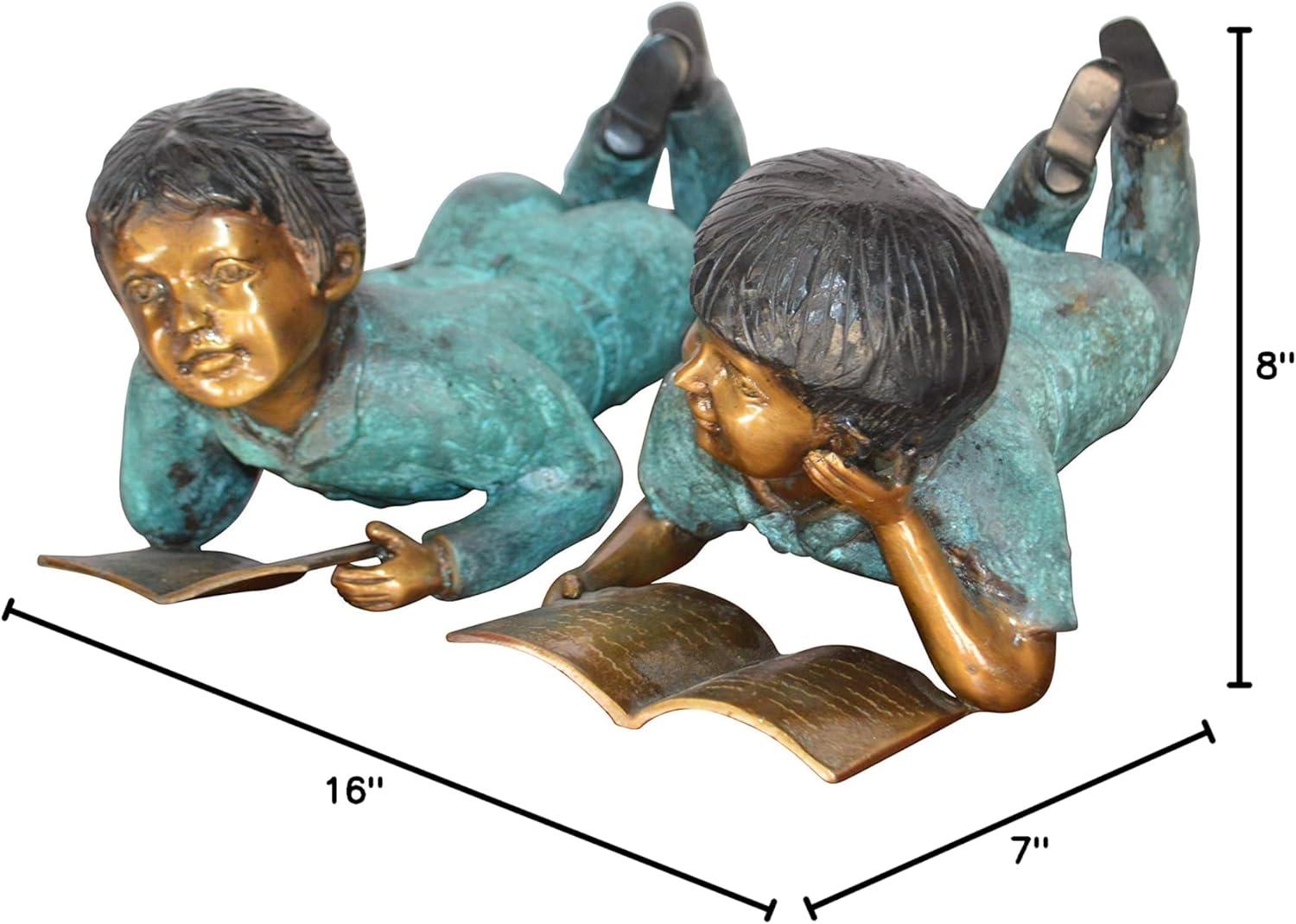 Set of a Boy and a Girl Reading a Book Bronze Statue - Size: 16"L x 7"W x 8"H.