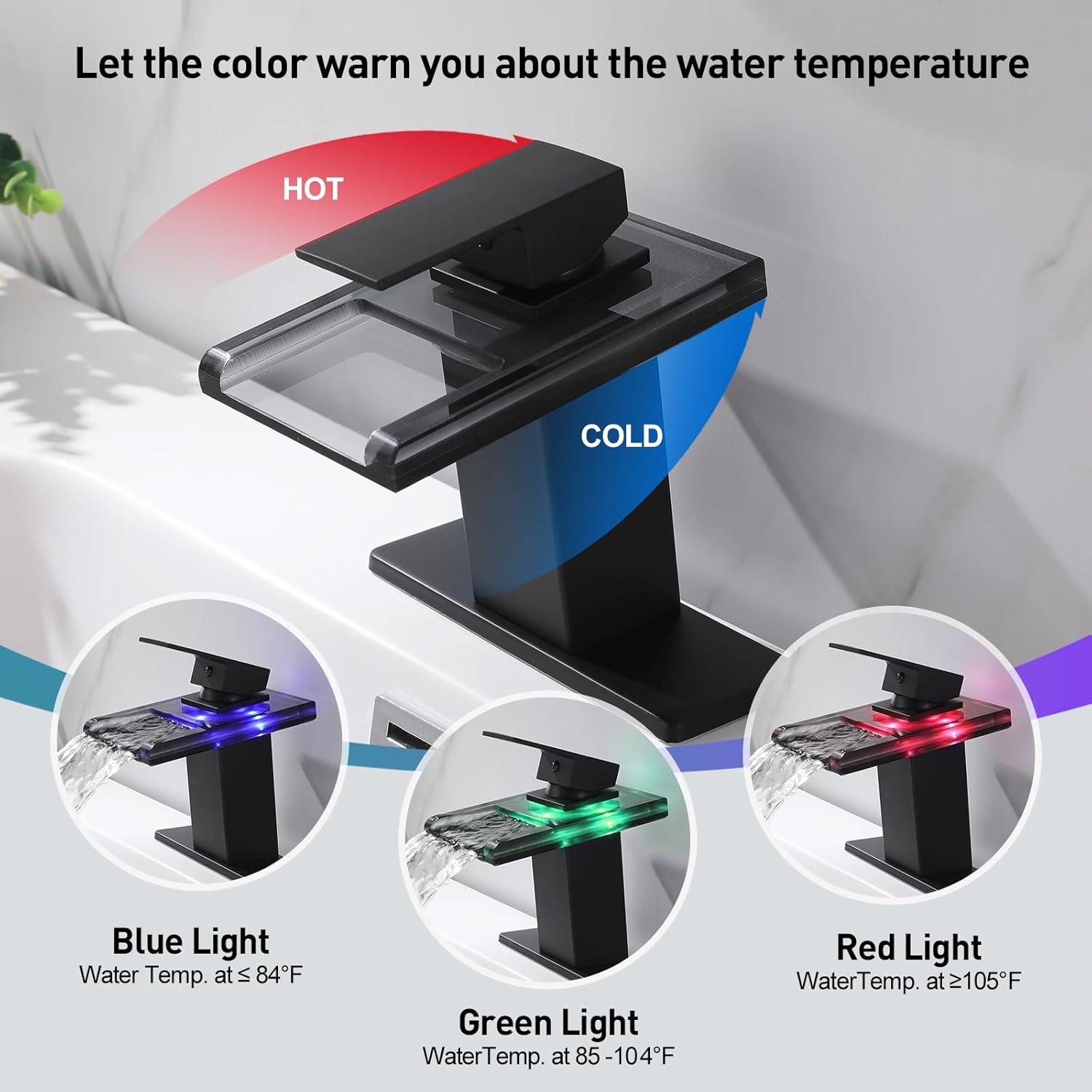 LED Bathroom Sink Faucet, Matte Black Waterfall Single Handle Vanity Faucets for Sinks 1 Hole with Metal Pop Up Drain and 2 Water Supply Lines, Open Glass Spout