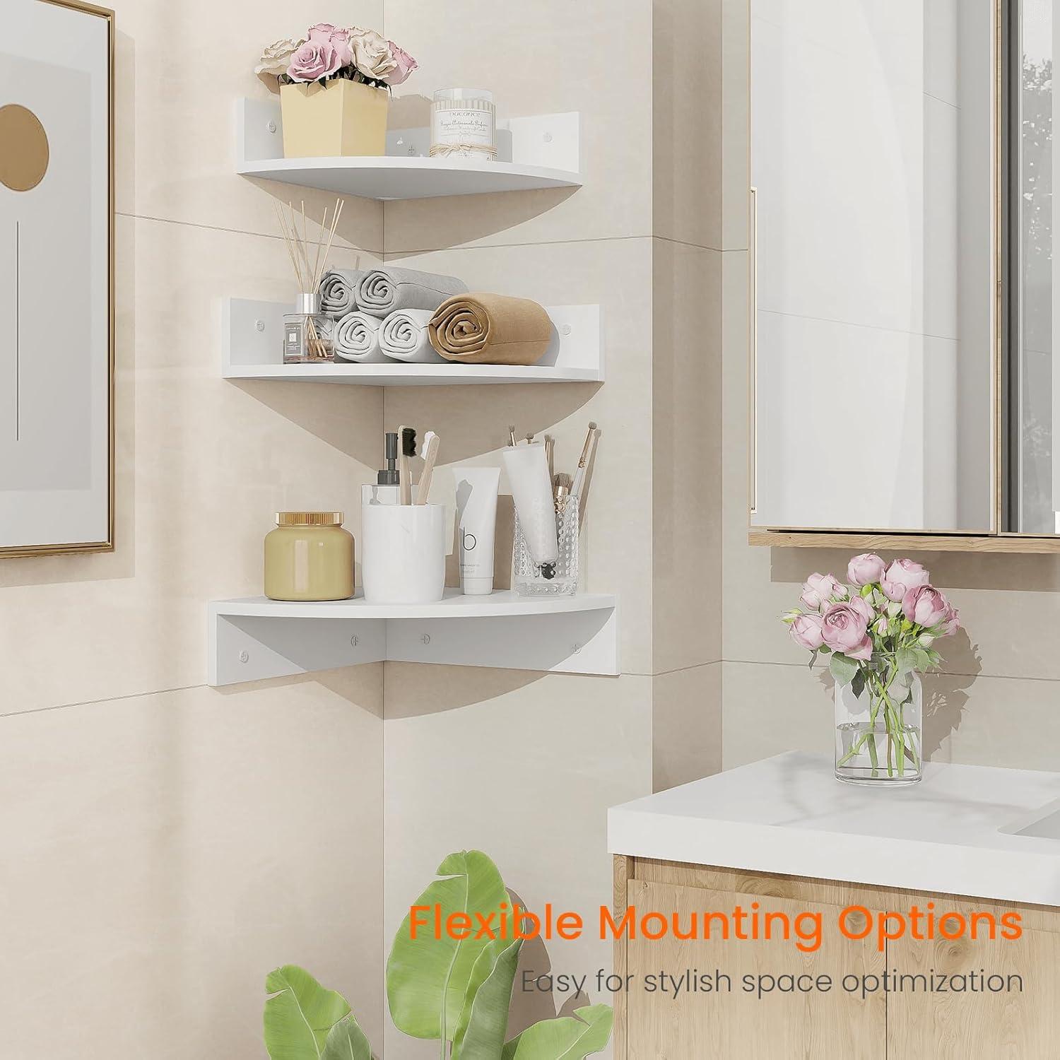 White Wood 3-Tier Floating Corner Shelves