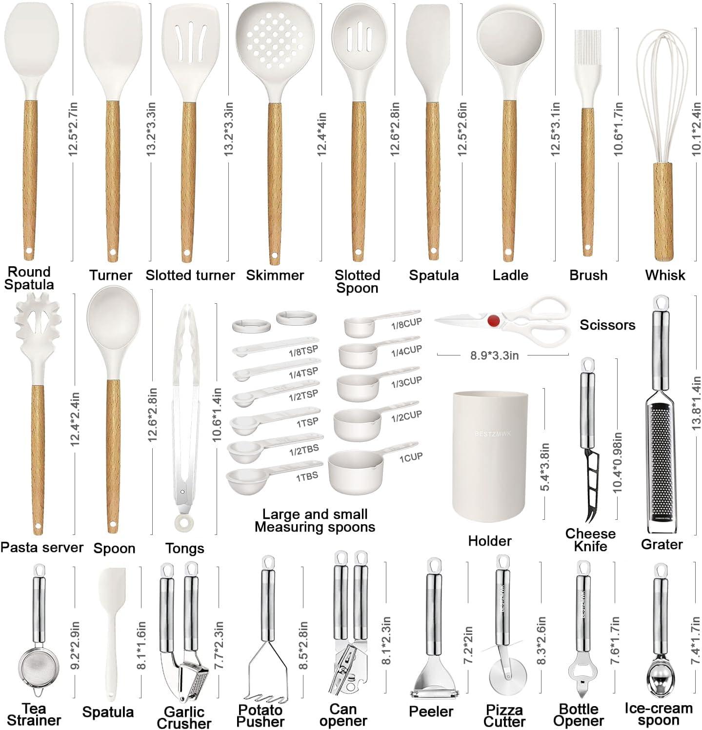 35-Piece White Silicone and Wood Cooking Utensil Set