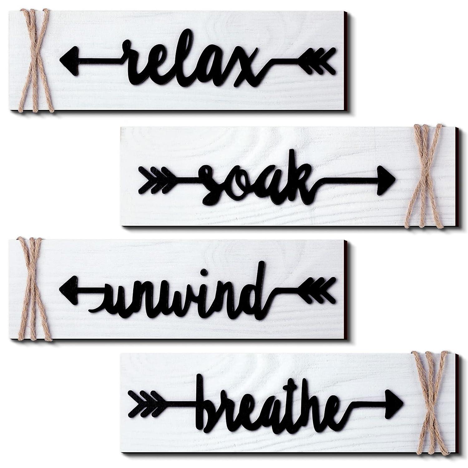 Jetec 4 Pieces Farmhouse Bathroom Decor Wall Art Soak Relax Unwind Breathe Wooden Signs with Arrow Rustic Vintage Country Bathroom Decor for Home Laundry Room(White)