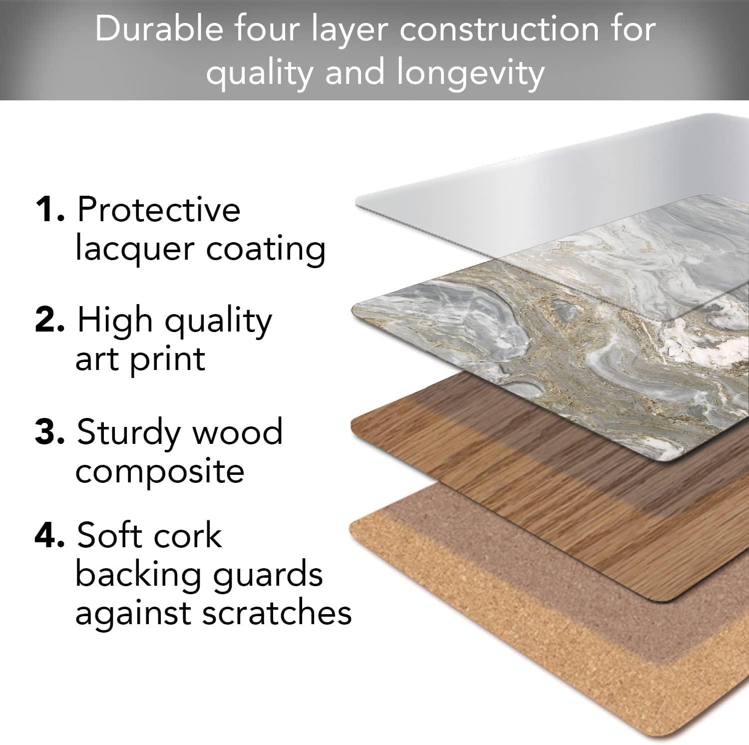 Cala Home "Quartz Design" Premium Decorative Hardboard Cork Back Tabletop Placemats 4 Pack