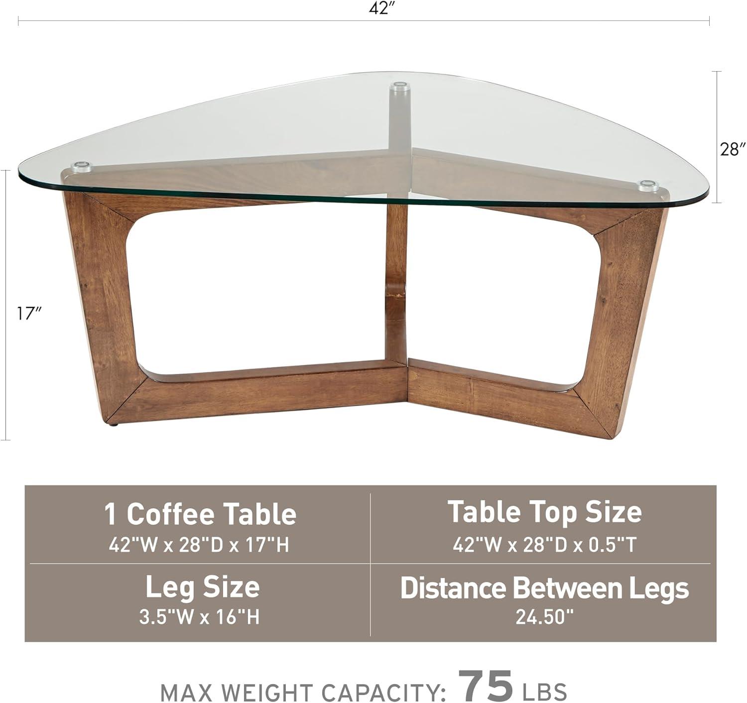 Triangular Pecan Wood Coffee Table with Glass Top