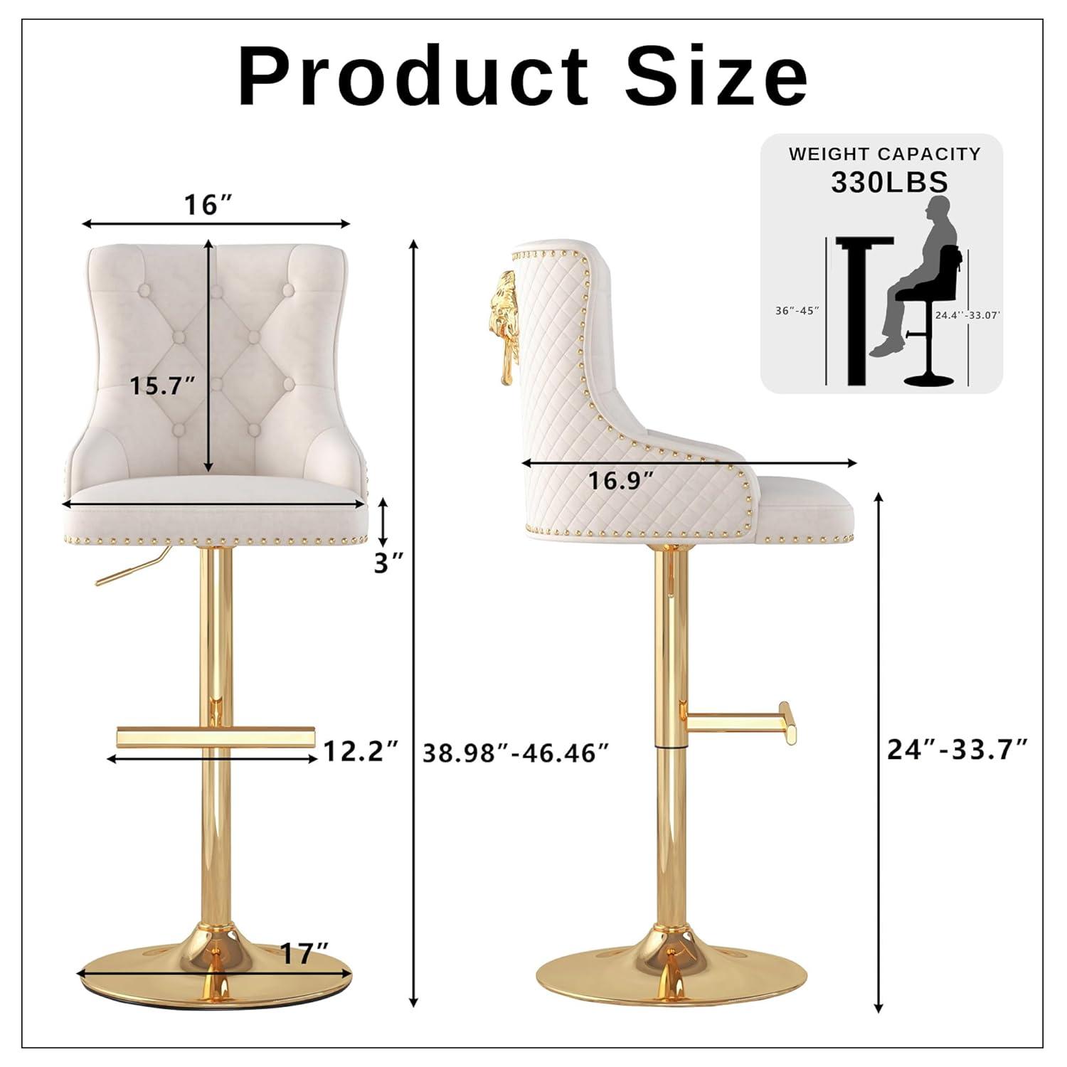 Bar Stools Set of 2, Swivel Barstools with Nailheads Trim, Velvet Button Tufted Back and Golden Footrest, Adjustable Counter Height Bar Stools for Kitchen Counter,Home Bar,Pub, Beige