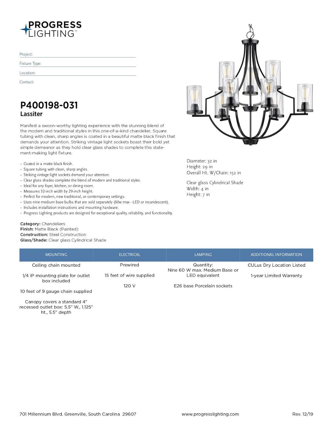 Progress Lighting, Lassiter Collection, 9-Light Chandelier, Matte Black, Clear Glass Shades