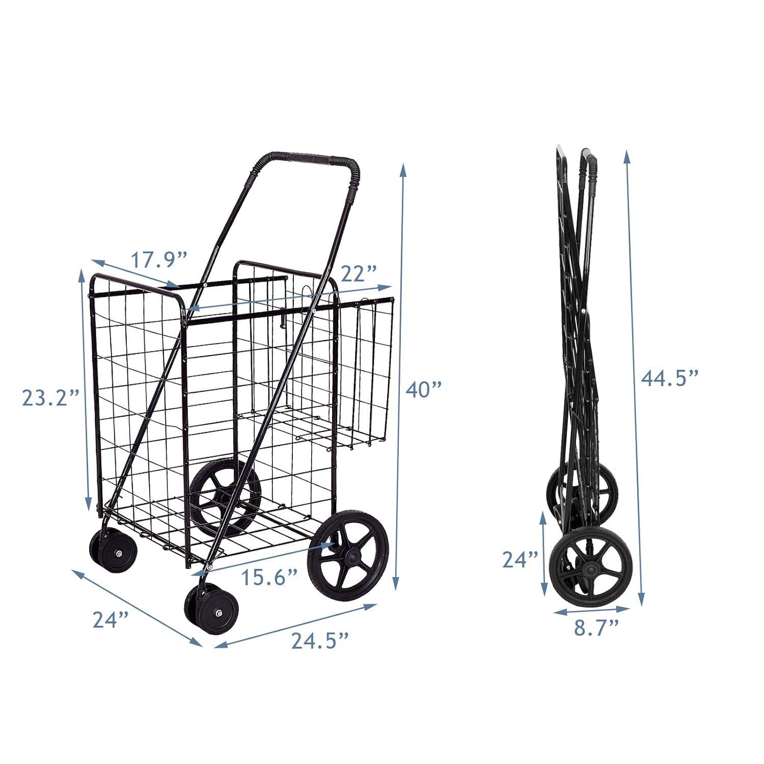 Exlonjet Folding Shopping Grocery Cart Metal Rolling Cart with Double Basket Non-Slip Handle and Swivel Wheels, Light Weight Utility Cart for Laundry Book Luggage Travel