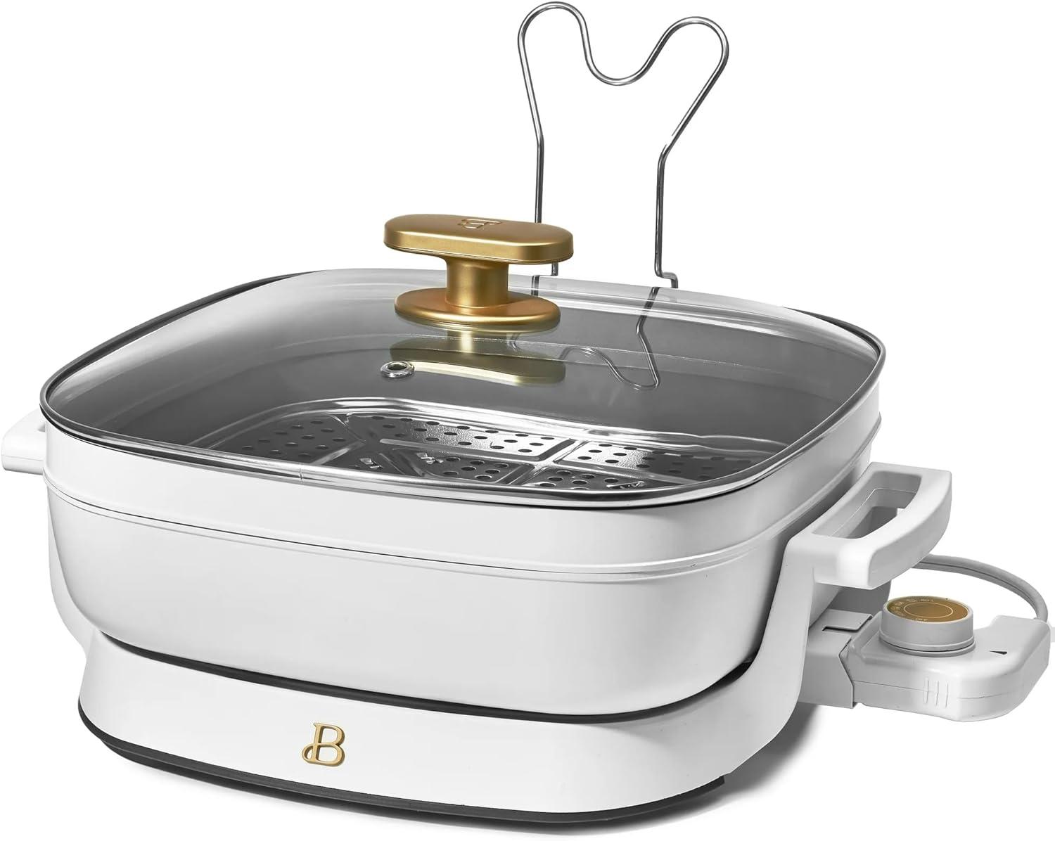 Beautiful 5 in 1 Electric Skillet - Expandable up to 7 Qt with Glass Lid, White Icing by Drew Barrymore