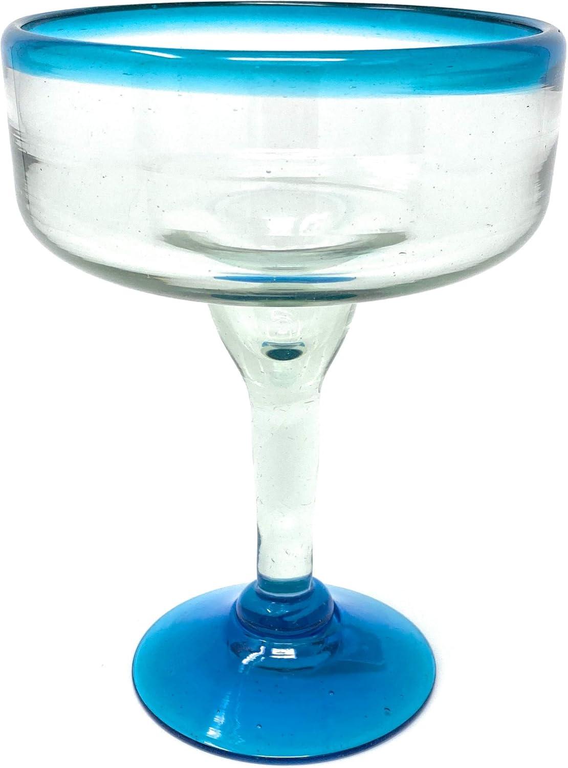 Numan Mexican Hand Blown 16 oz. Aqua Rim Margarita Glasses