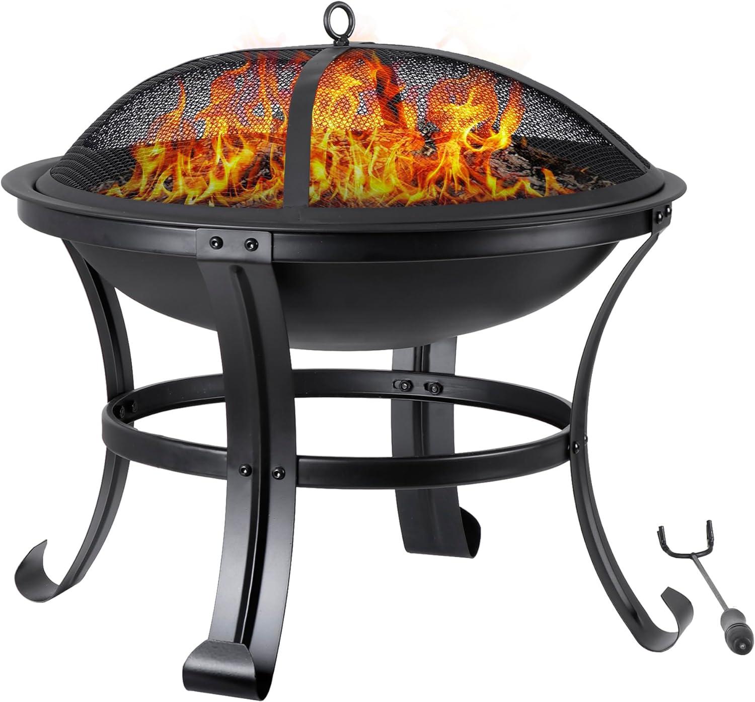 22-Inch Black Steel Round Fire Pit with Mesh Lid