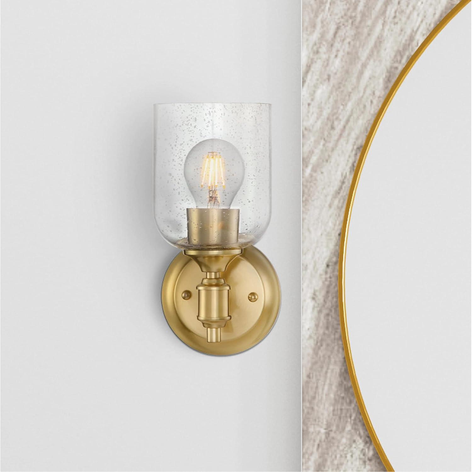 Champagne Brass Cylinder Sconce with Seeded Glass Shade