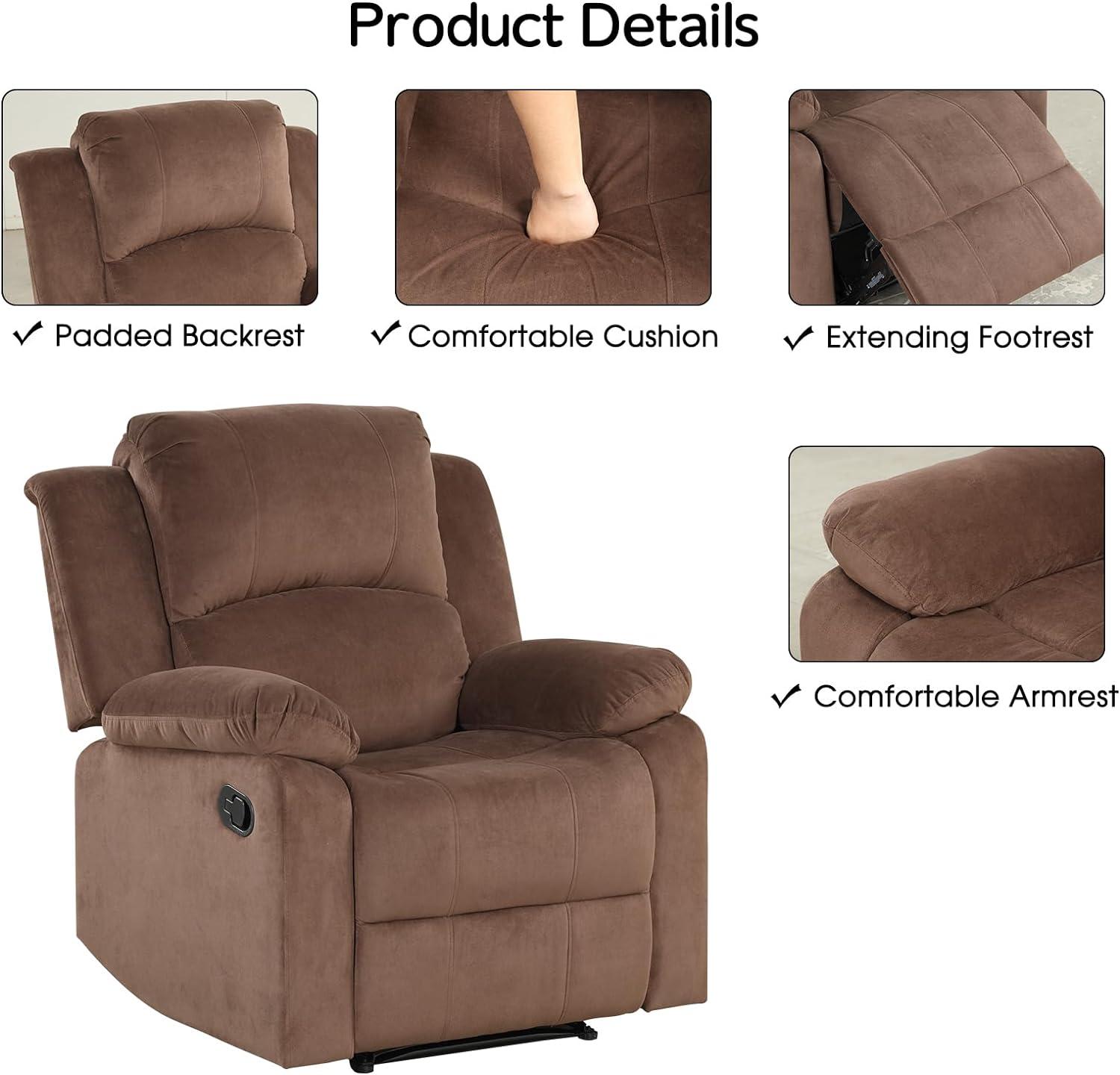 CANMOV Manual Recliner Chair, Soft Fabric Overstuffed Recliner Single Sofa Chair for Living Room Bedroom, Heavy Duty and Safety Reclining Mechanism, Light Brown