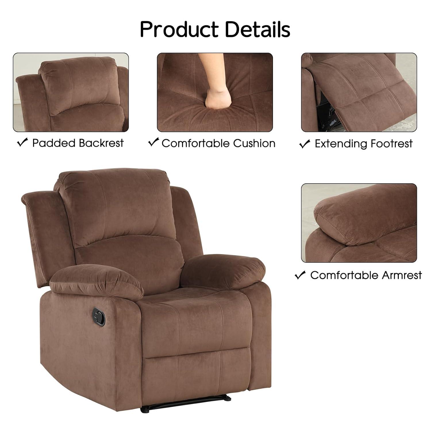 CANMOV Manual Recliner Chair, Soft Fabric Overstuffed Recliner Single Sofa Chair for Living Room Bedroom, Heavy Duty and Safety Reclining Mechanism, Light Brown
