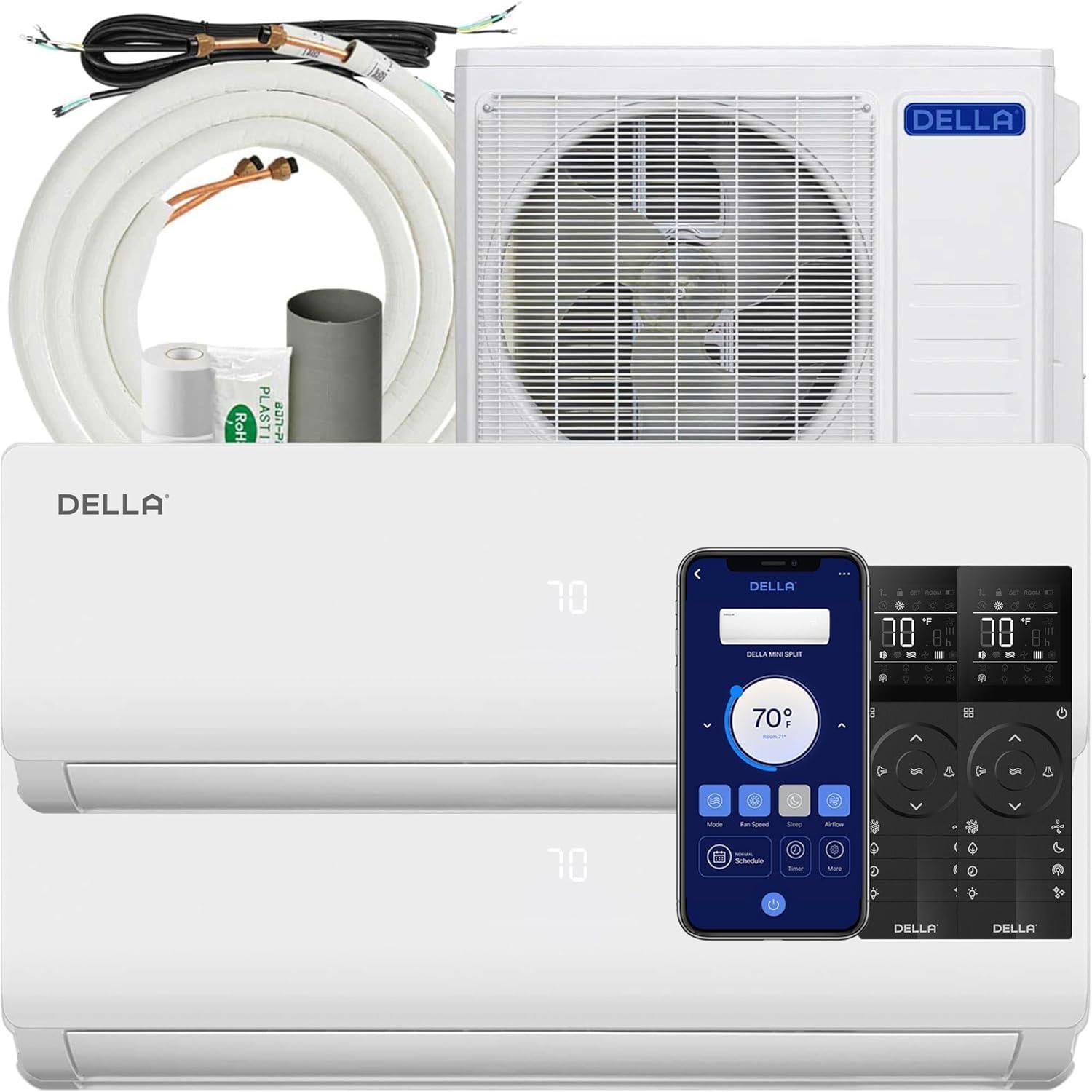 DELLA 18K BTU ODU 2 Zone 9000 12000 BTU 19 SEER 208/230V Cools Up to 950 Sq.Ft Wifi Energy Efficient Multi Zone Ductless Mini Split Air Conditioner Heat Pump Full Set with 16ft Installation Kits