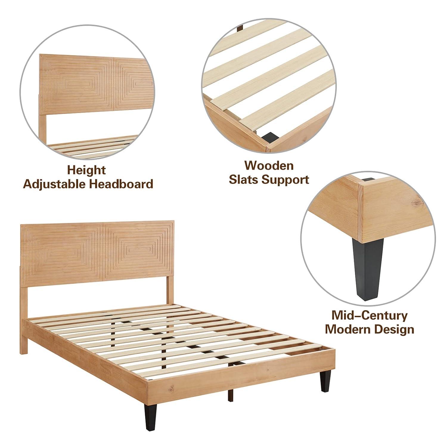 MUSEHOMEINC Queen Size Bed Frame with Adjustable Height Headboard,Mid Century Modern Wood Platform Bed,Mattress Foundation with Wooden Slat Support,No Box Spring Needed,Easy Assembly(Queen)