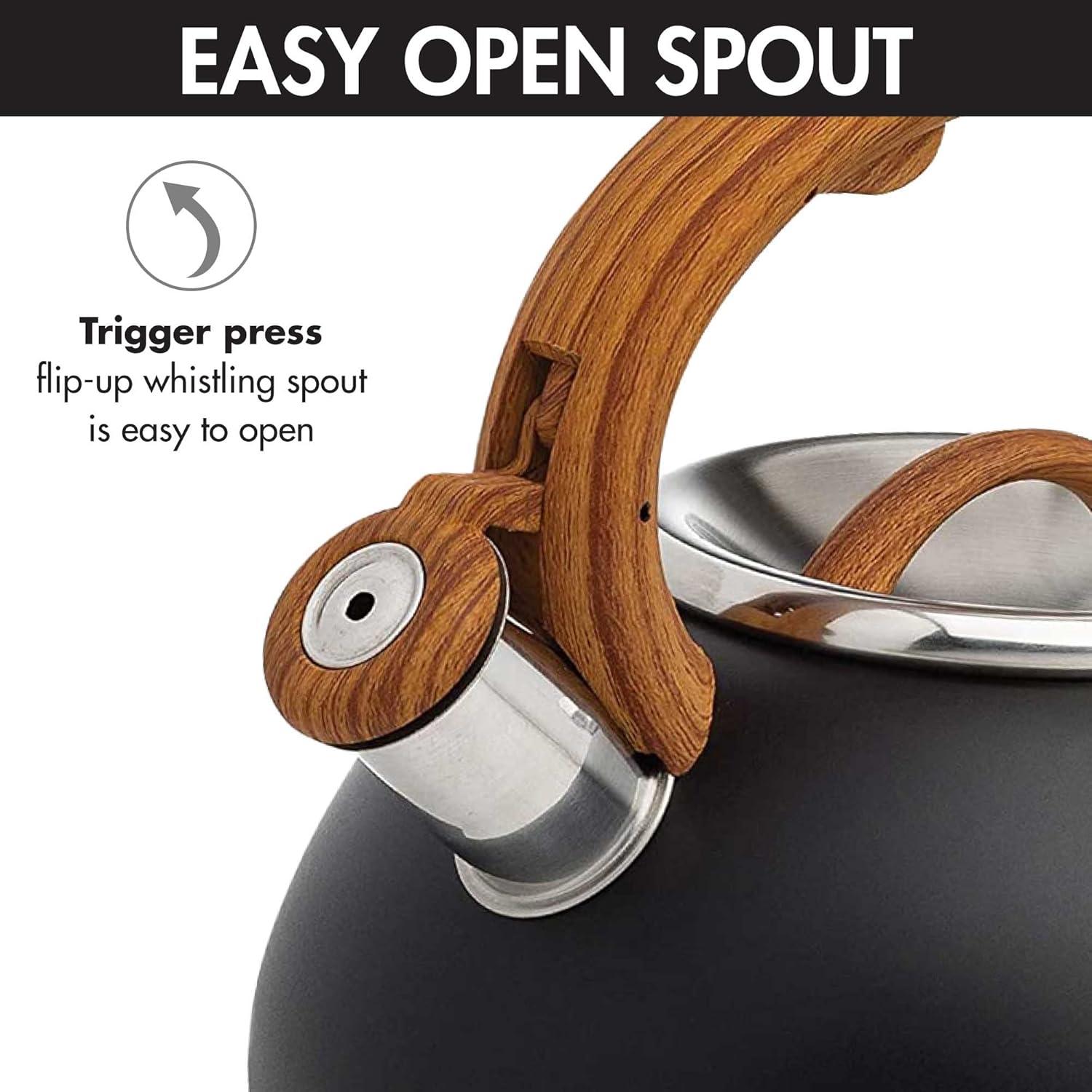 Matte Black and Wood Stainless Steel Whistling Tea Kettle